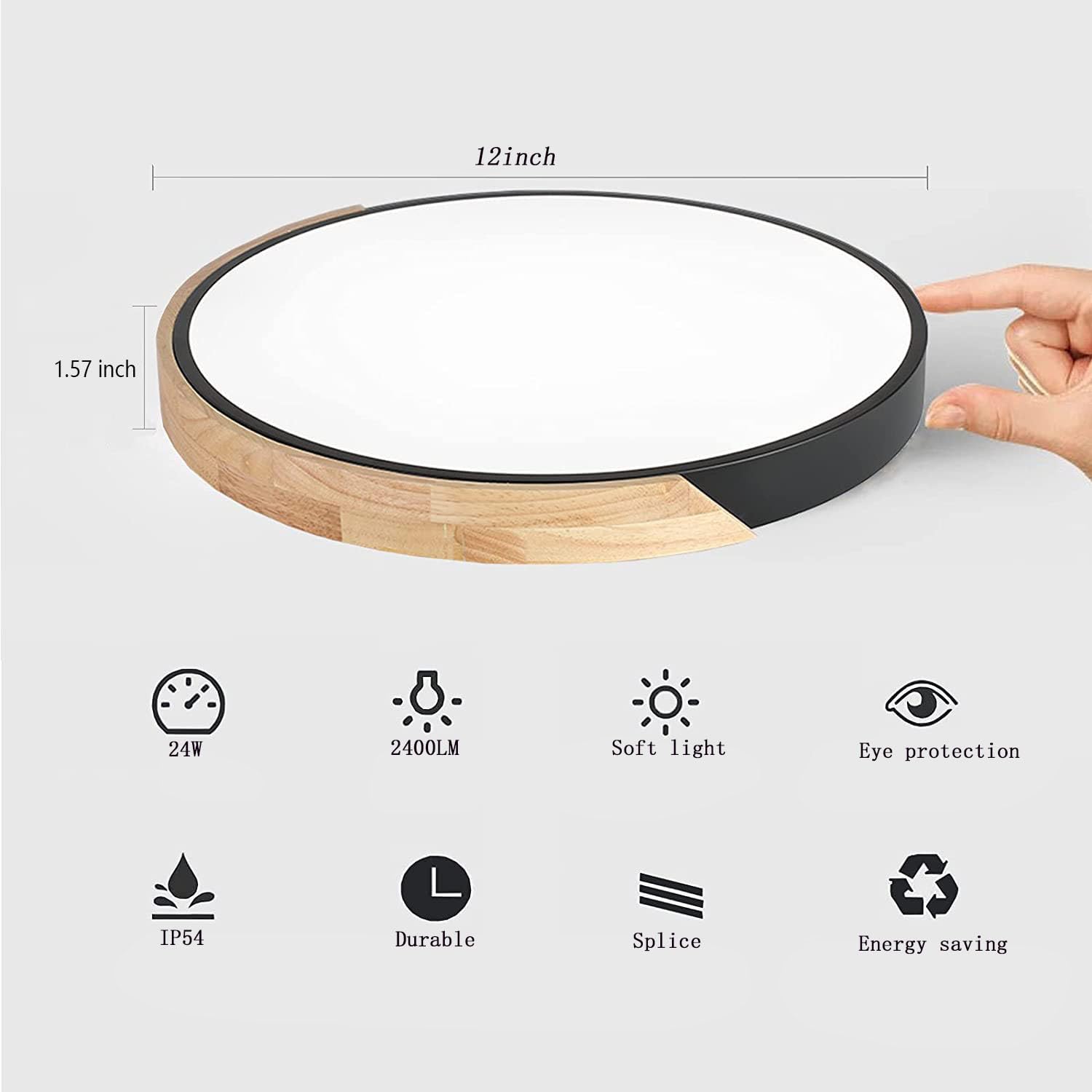 Wood Led Flush Mount Ceiling Light  3Cct 3000K-6500K Modern Black Close To Ceiling Lighting Fixtures  Minimalist Round Ceiling Light For Bedroom  Kitchen  Hallway  Laundry Room  Not Dimmable
