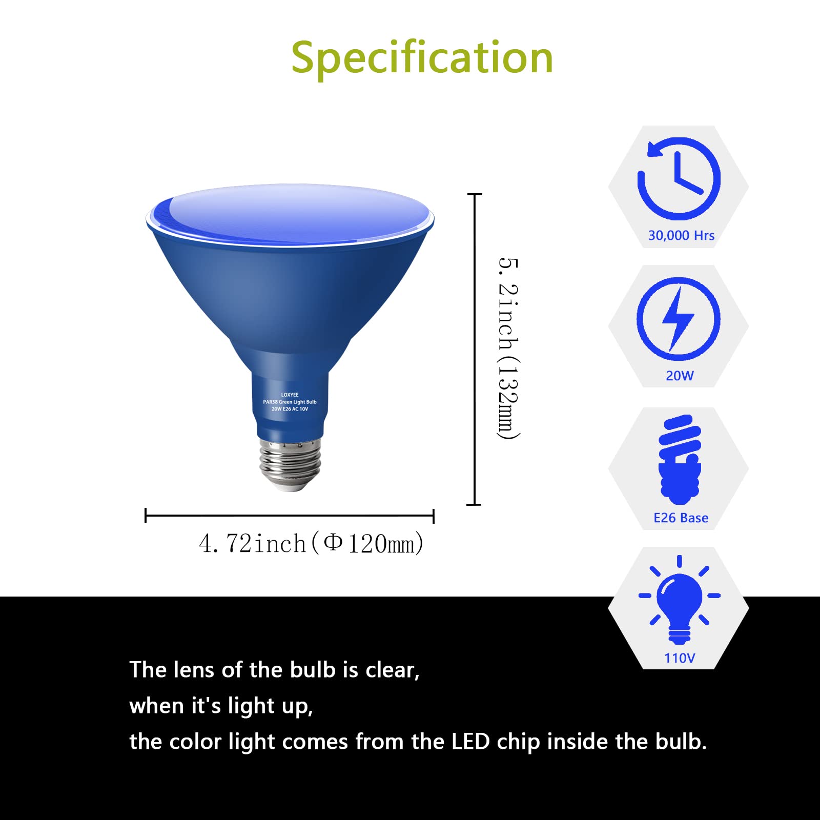 LOXYEE PAR38 Flood Light Bulb, Dimmable, E26 Base, 2 Pack, Blue, Outdoor, 20W Replace to 200W