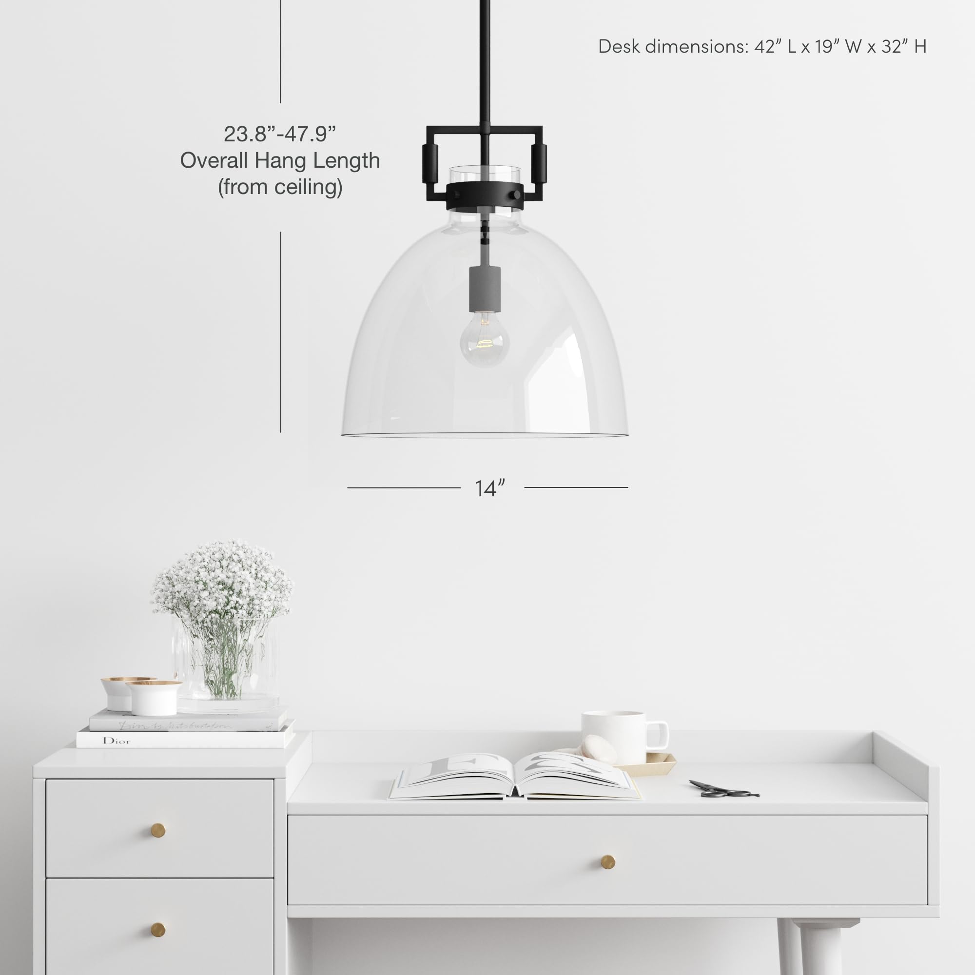 Nathan James Leigh Pendant Lighting, Black Hanging Ceiling Light With Oversized Glass Shade And Adjustable Cord, For Kitchen Isl