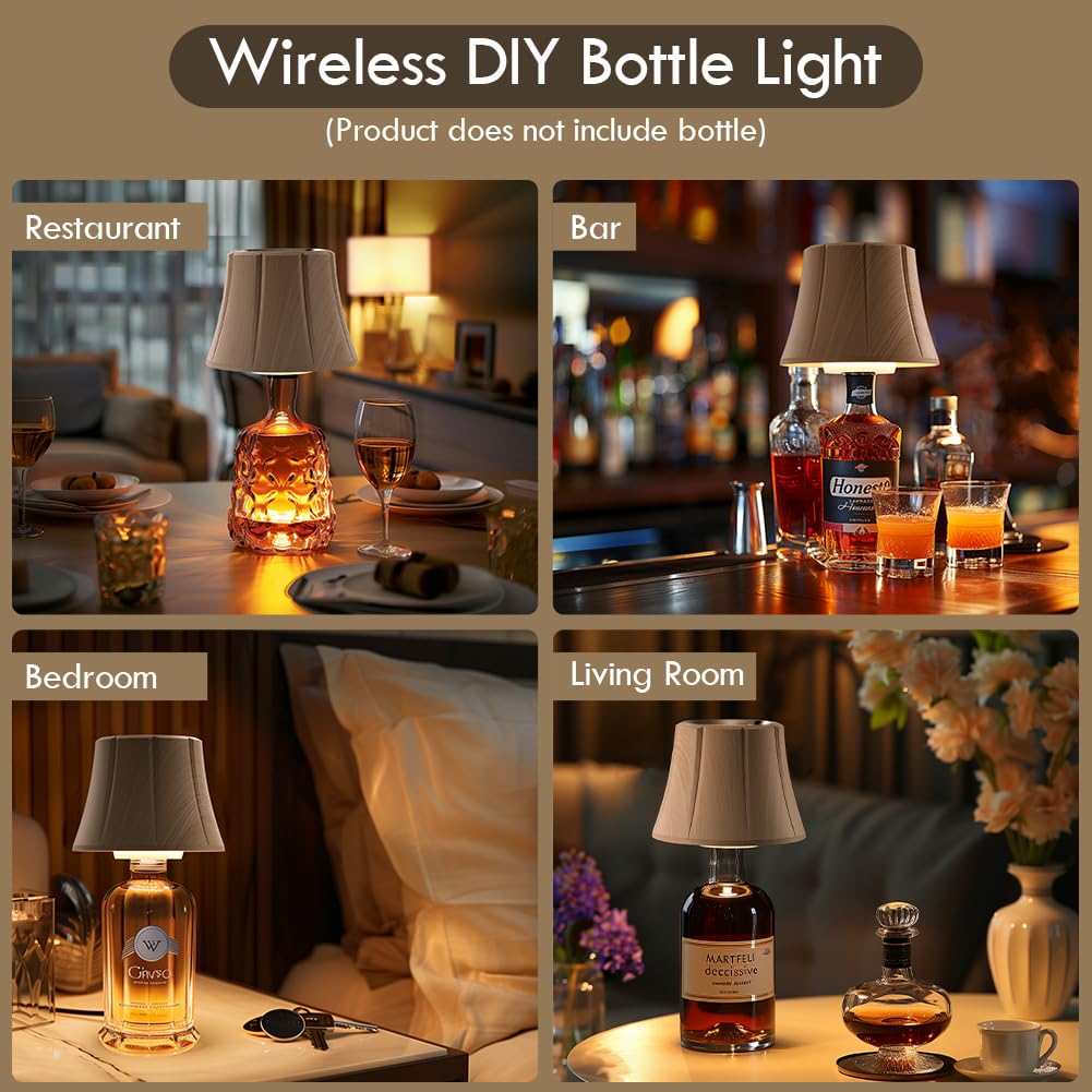 WILIT Wireless Bottle Lamp Shades, 3-Level Brightness Touch Lamp, Flower-Natural Wood Grain, Ideal for Nightstand and Bar Decor
