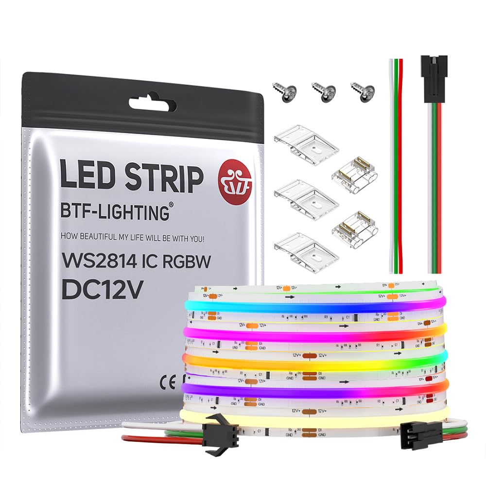 BTF-LIGHTING FCOB COB LED Band WS2814 IC RGBW 3000K Flexible High Density Color Chasing Uniform Light 16.4FT DC12V 16IC/m 10mm Width for Home DIY Lighting Projects(No Adapter or Controller)