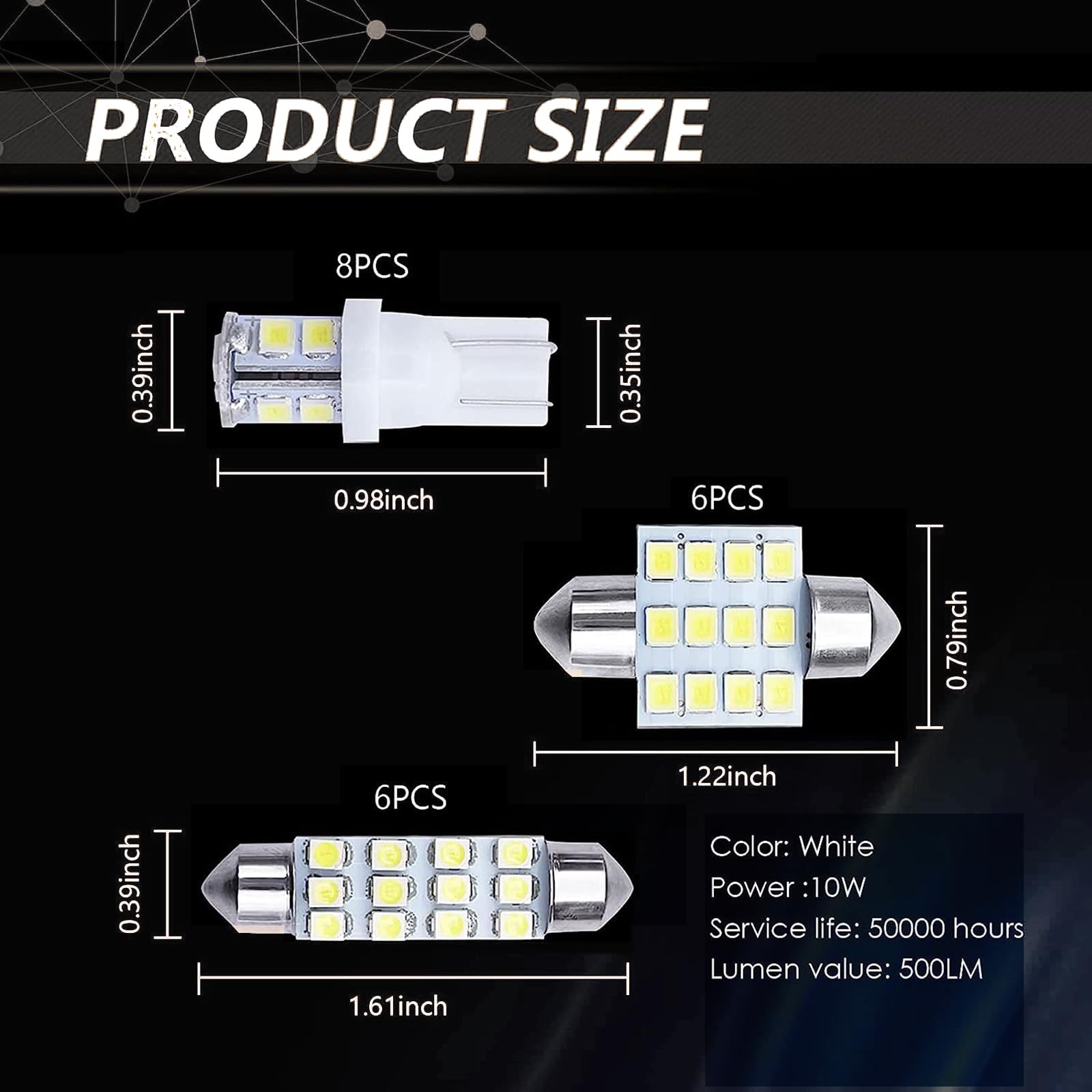 Zkfar Pack-20 Led Car Bulb Kit Set, T10 31 Mm 42 Mm Led Festoon Bulb, White 6000K License Plate Light, Suitable For Car Interior Lights, Indoor Map Dome Lights, Trunk Led Lights Replacement