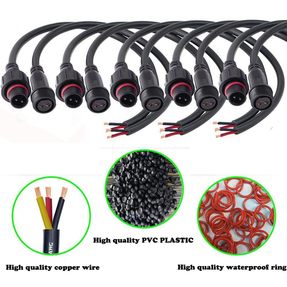 Qofowin 2 Wire Waterproof Connector, 2Pin Male Female Plug Led Connector,With 16Awg Ip68 20Cm Extension Cable For Car, Boat,Truck,Indoor/Outdoor Led Strip Lights(2Pin 5Pairs)