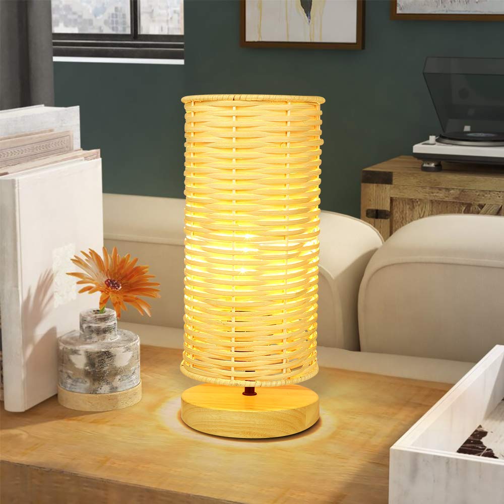DINGLILIGHTING Bedside Table Lamp, LED Rubber Wood Nightstand Lamp, Round Rattan Shade, 11.81 in, Model WS-MNT19-60B, Wood