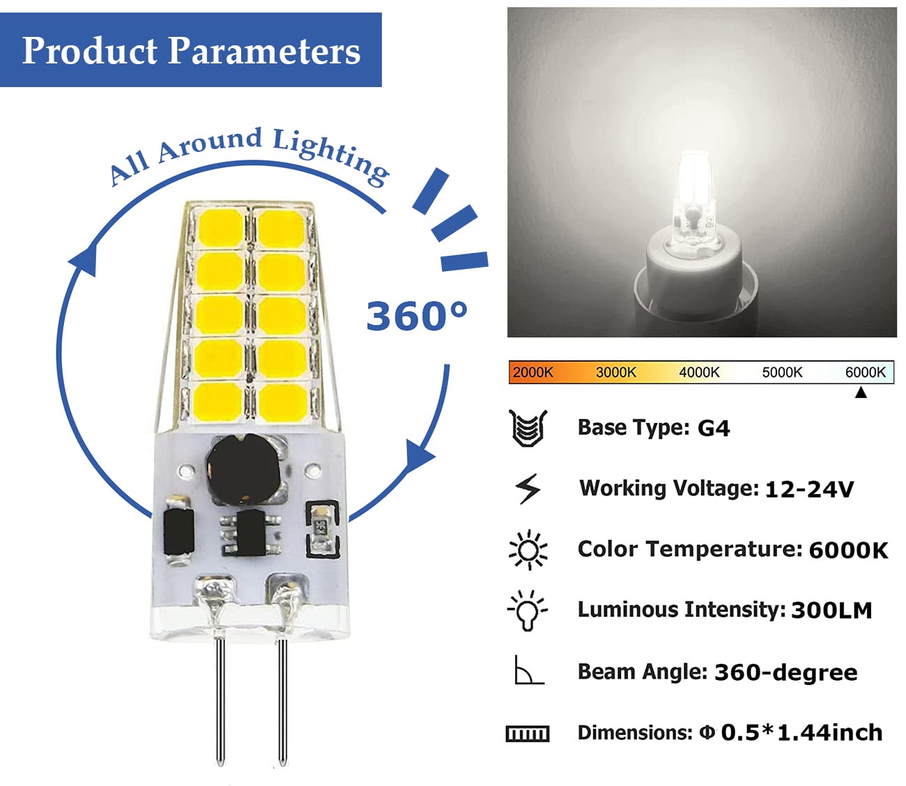Greeogin G4 Dimmable LED Bulb, 12V/24V, 20-30W Halogen Equivalent, 6000K Daylight, 300LM, Copper