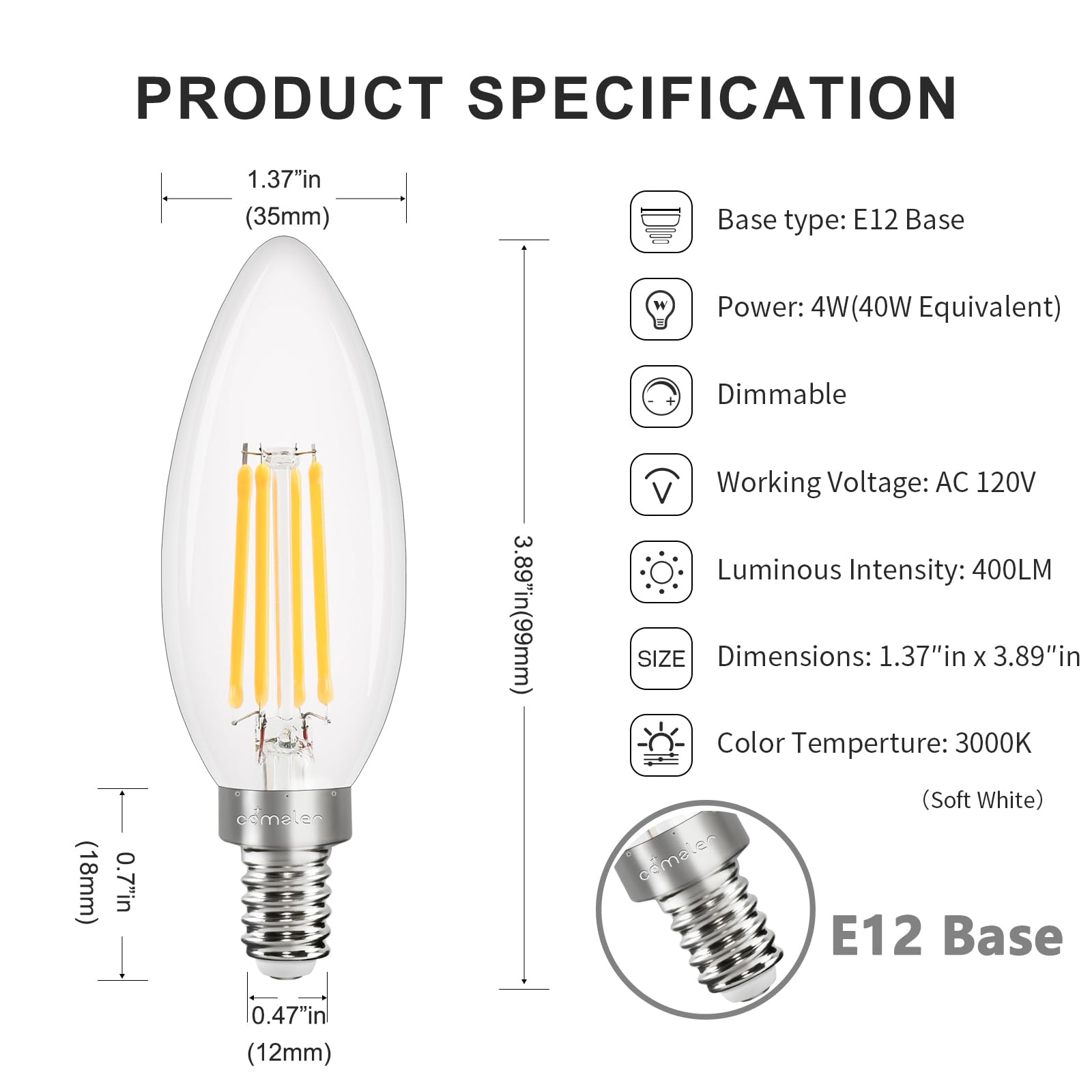Comzler 10 Pack B11 Dimmable Candelabra Led Bulbs, E12 Small Base 40W Equivalent 3000K Soft White Chandelier Light Bulbs, 120V T