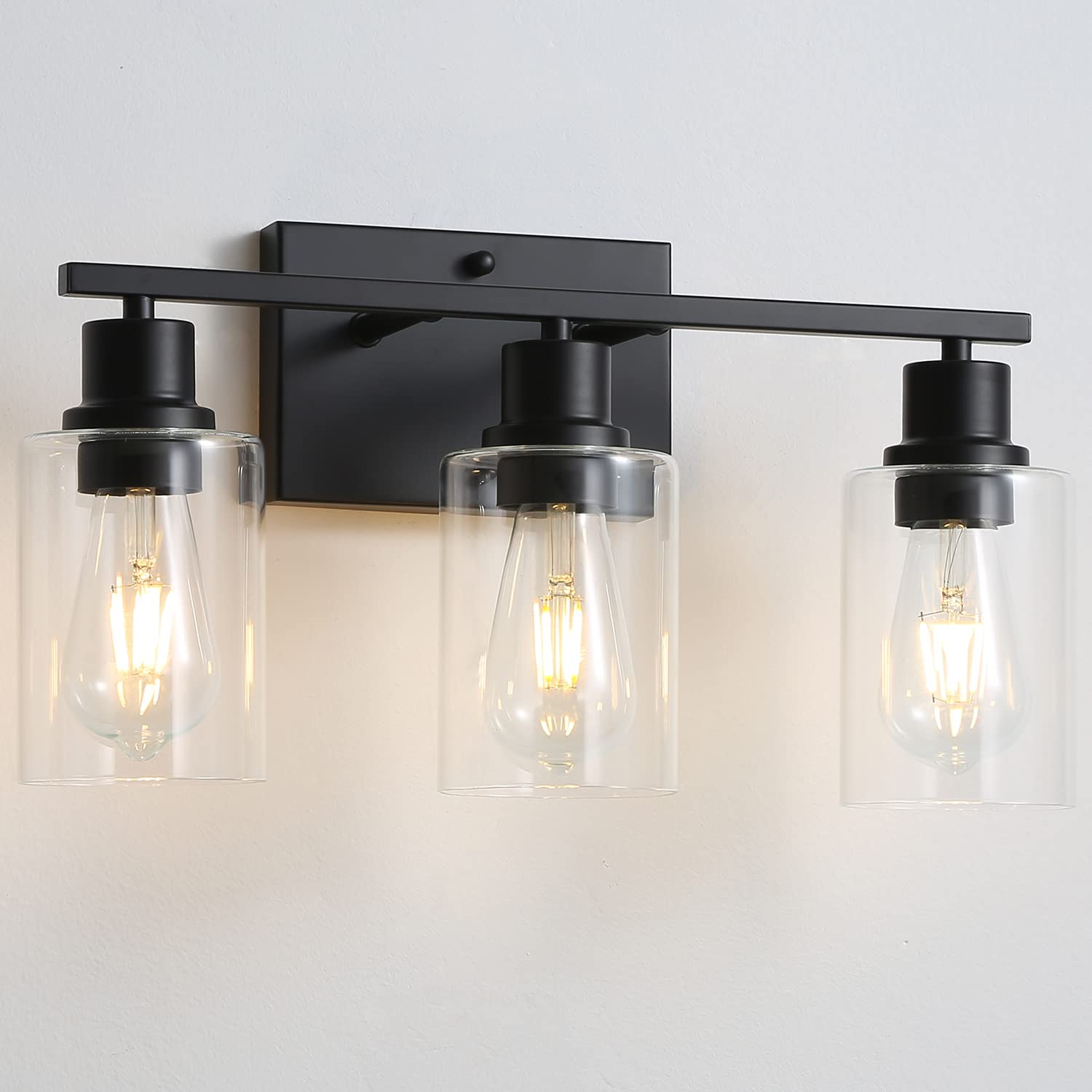 Emong 3-Lights Bathroom Light Fixtures, Matte Black Vanity Light With Glass Shade, Modern Wall Sconces Lighting For Bathroom,Mir