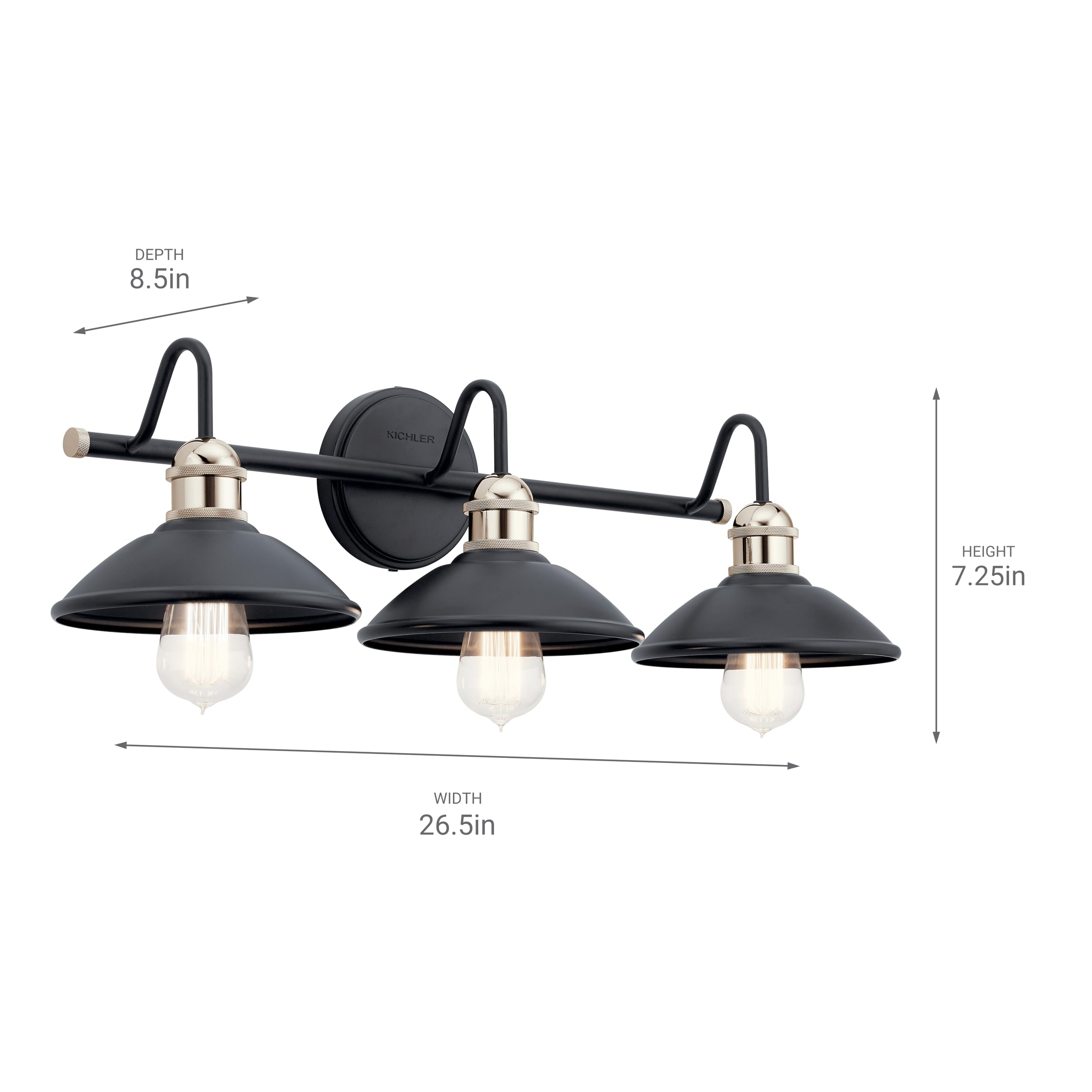 Kichler Clyde 3 Light Bathroom Vanity in a deep Black Finish, for Bathrooms, (7.25 H x 26.5 W x 8.25 Ext.), 45945OZ