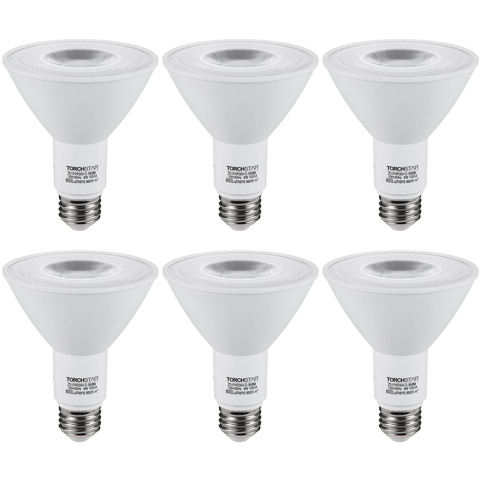 TORCHSTAR PAR30 Long Neck LED Bulb, 8W=75W, Dimmable, 800LM, Daylight 5000K, 6 Count, UL Listed, Model