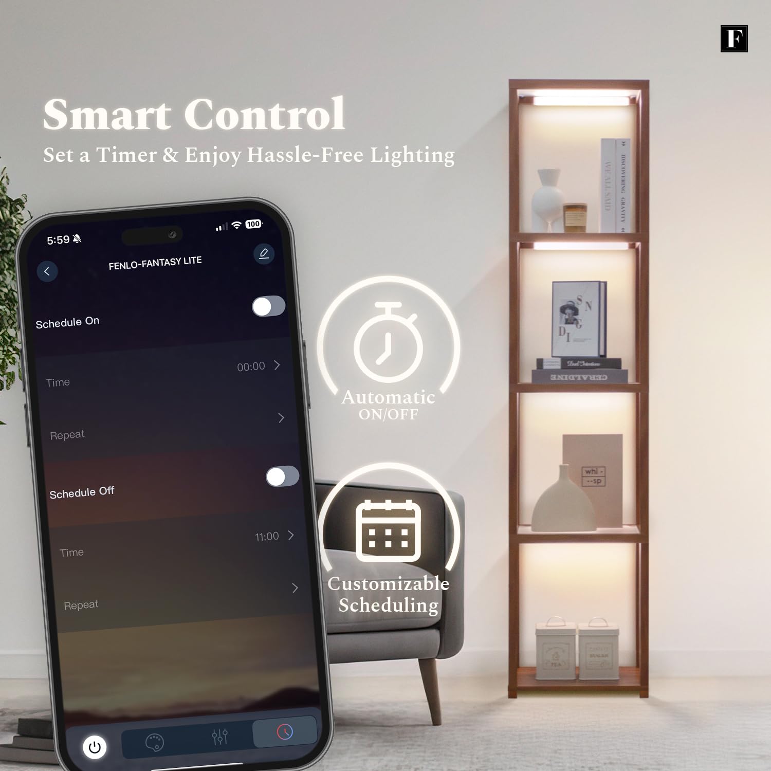 FENLO LED Display Shelf Unit, Dimmable Glass Curio Cabinet, Walnut, Model FEN-109-CCT-WA, Remote Control, Adjustable Lighting