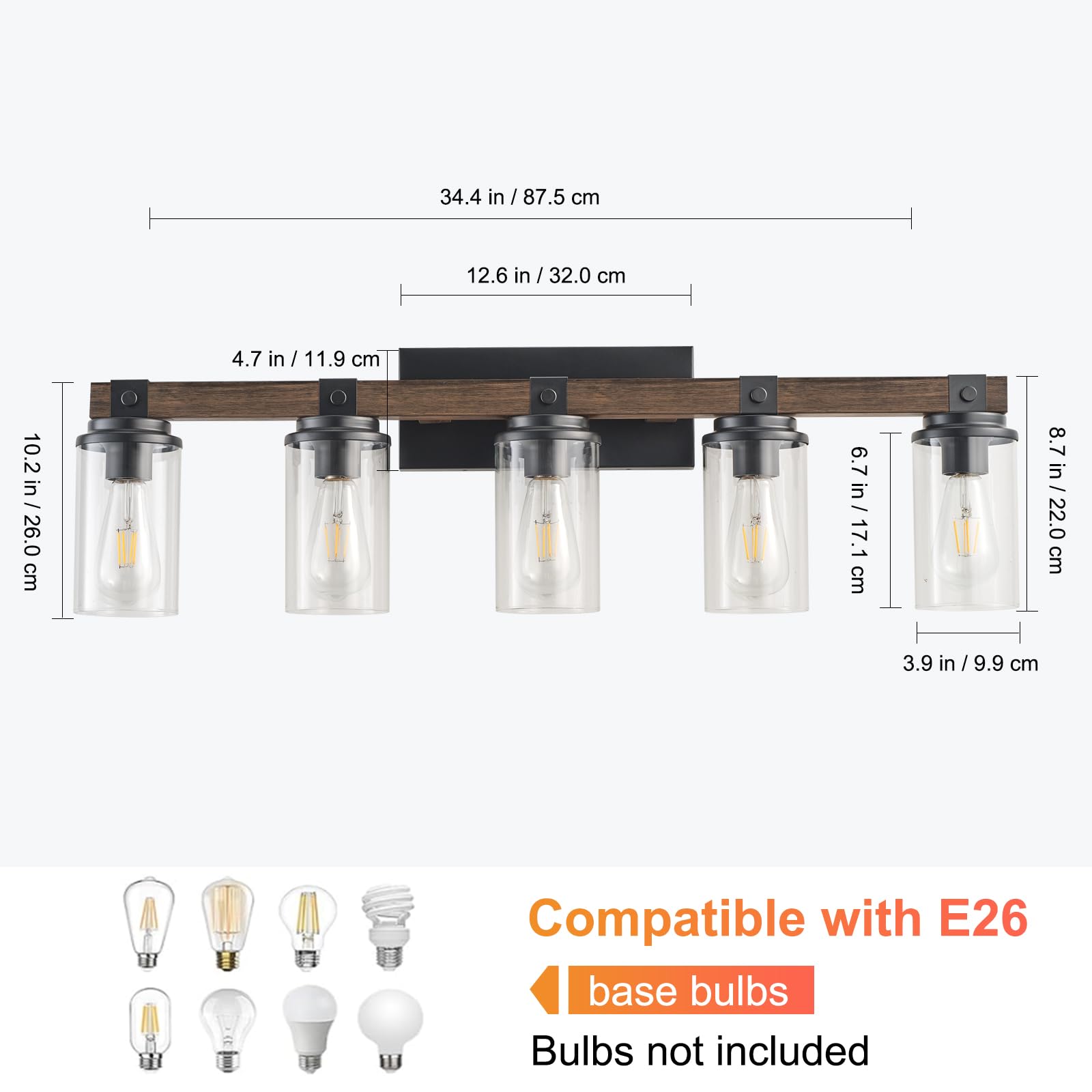 Goyeel 5-Light Farmhouse Bathroom Vanity Lighting - Wooden Wall Fixture With Clear Glass