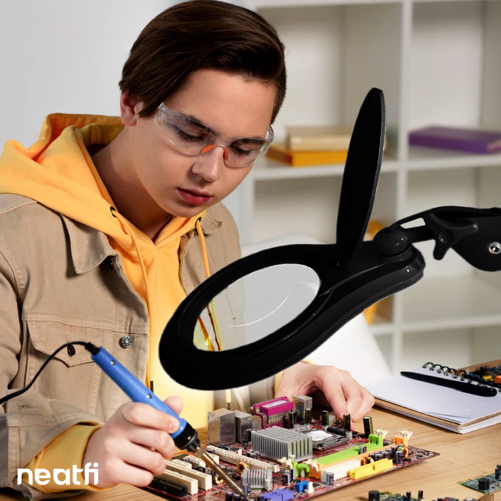 Neatfi LED Magnifying Lamp with Clamp, 1200 Lumens, Dimmable, 5in Lens, 8 Diopter, Iron, Black, Model 9003LED