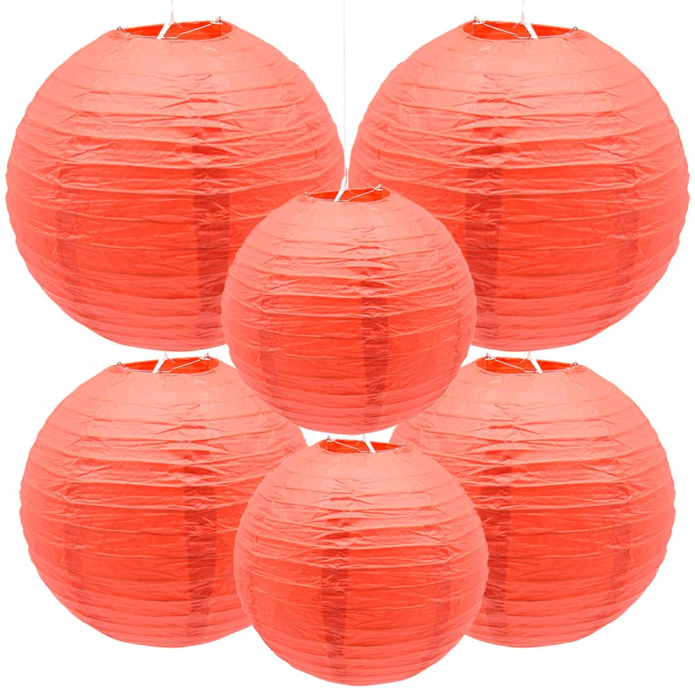 Yosawa Paper Lanterns - 6 Pcs Decorative Round Hanging Lanterns, 8” 10” 12” Sizes, Red, Model ZD-Red for Parties and Events