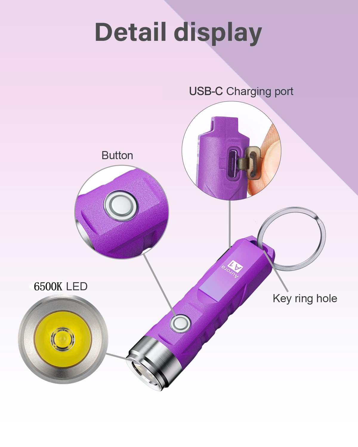 RovyVon Aurora A1 Mini Keychain Flashlight 650 Lumens USB C Rechargeable Aluminum Purple Small