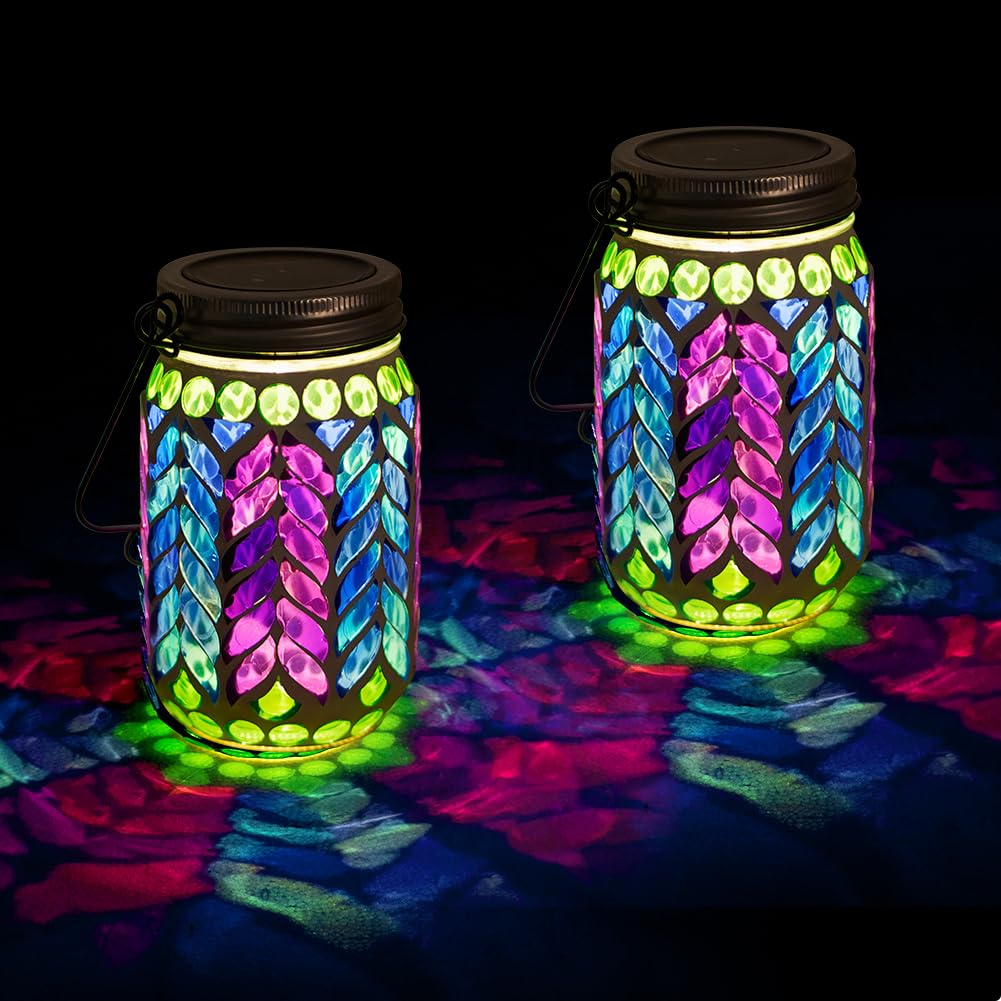 Stargarden 2 Pack Mosaic Solar Lantern ,Waterproof Outdoor Hanging Jar Lights, Mosaic Lights Solar Garden Decor for Patio Pathwa