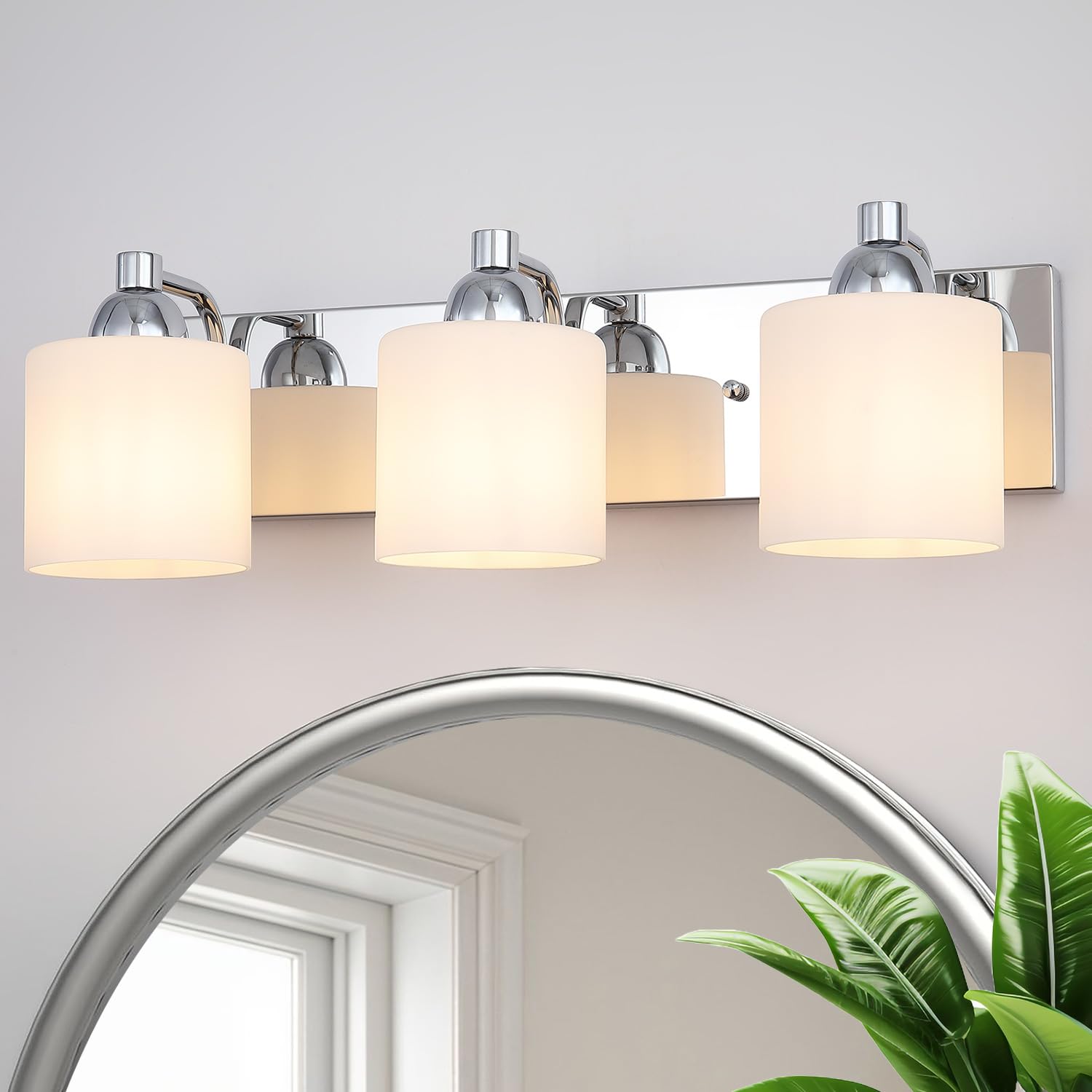 Mecgirn Stainless Steel Milk Glass Vanity Lights for Bathroom  3 Light Polished Chrome Bathroom Light Fixtures Over Mirror  Ceramic E26 Sockets Wall Mounted