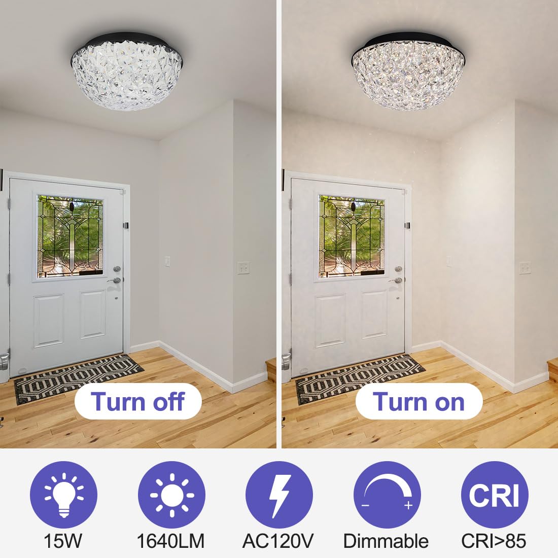 Bekada Modern Crystal Chandelier 12’’ LED Flush Mount Light Fixture, Dimmable, Black, ETL Listed for Dining Room, Kitchen, Living Room