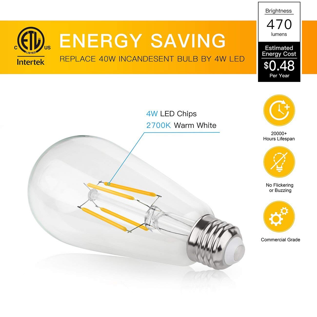 Livemax Vintage Edison Led Bulb,Antique 40W Vintage Edison Bulb,E26 Light Bulb Led Bulb 400 Lumens Warm White 2700K,Pack Of 6(No