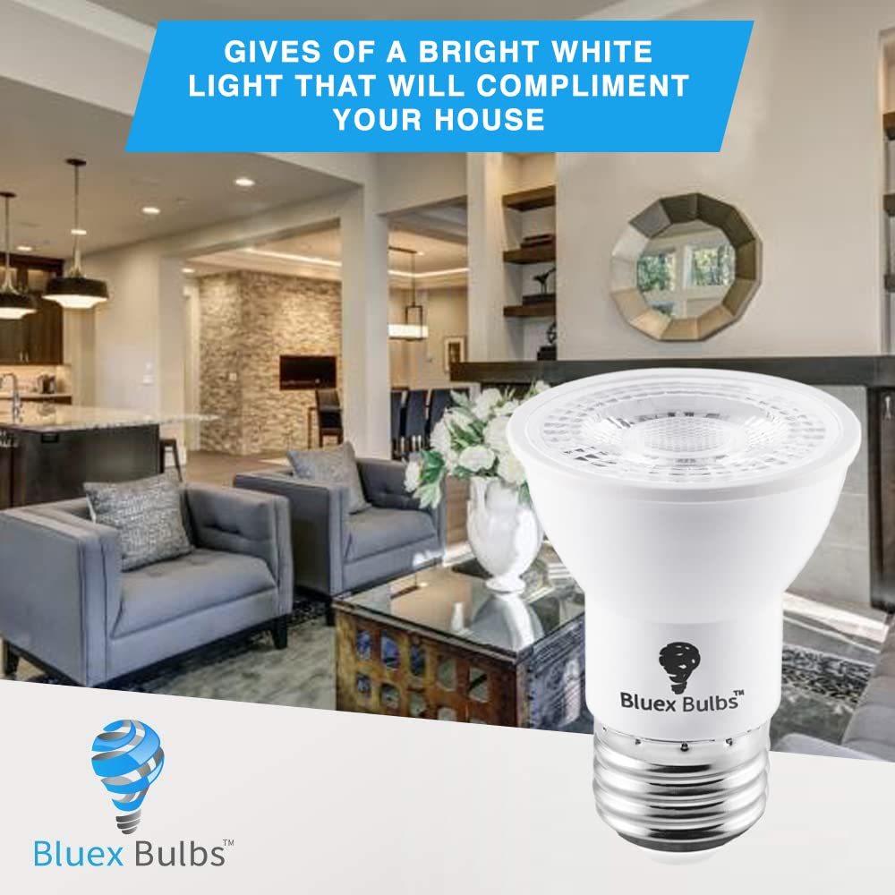 Bluex Bulbs 6 Pack PAR16 LED Bulb 7W 500 Lumens E26 Cool White 4000K Dimmable Short Flood Light Model 252