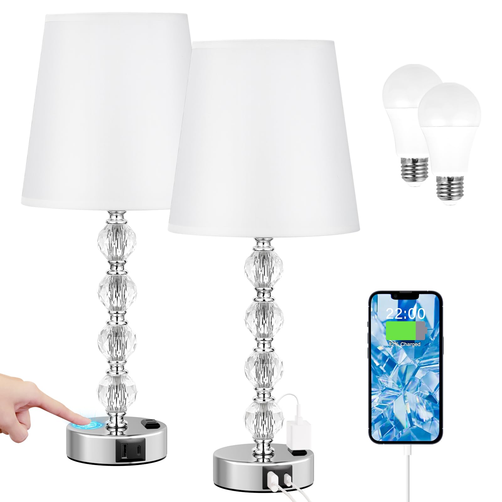 Bedside Lamps for bedrooms Set of 2 Nightstand - Large Crystal Table Lamps with USB C Charging Ports and AC Outlet, 3 Way Dimmab