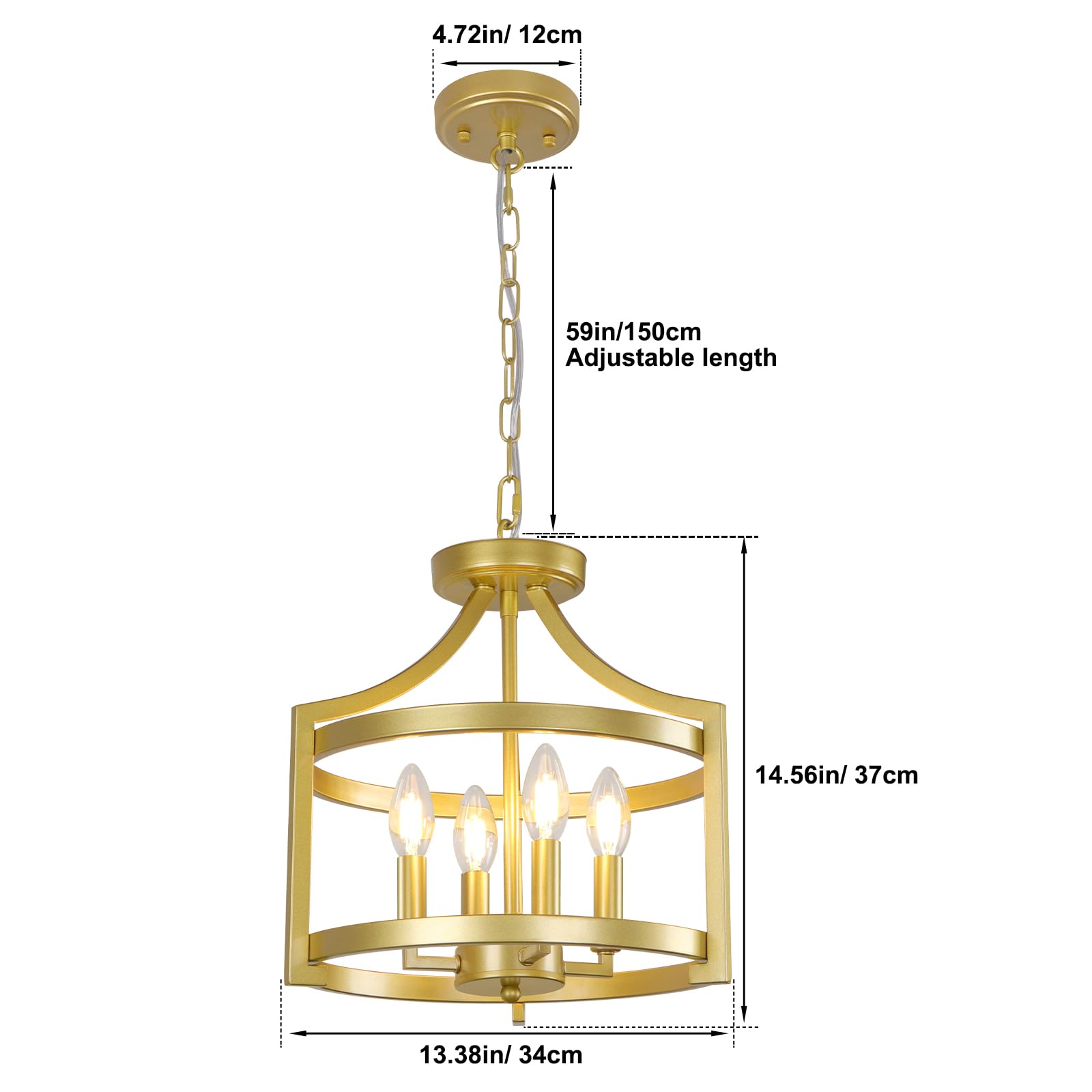 Wbindx 4-Light Gold Chandelier, Farmhouse Hanging Pendant Lighting, Convertible Semi Flush Mount Ceiling Light Fixture Industrial Small Cage Chandeliers For Dining Room Kitchen Foyer Entryway