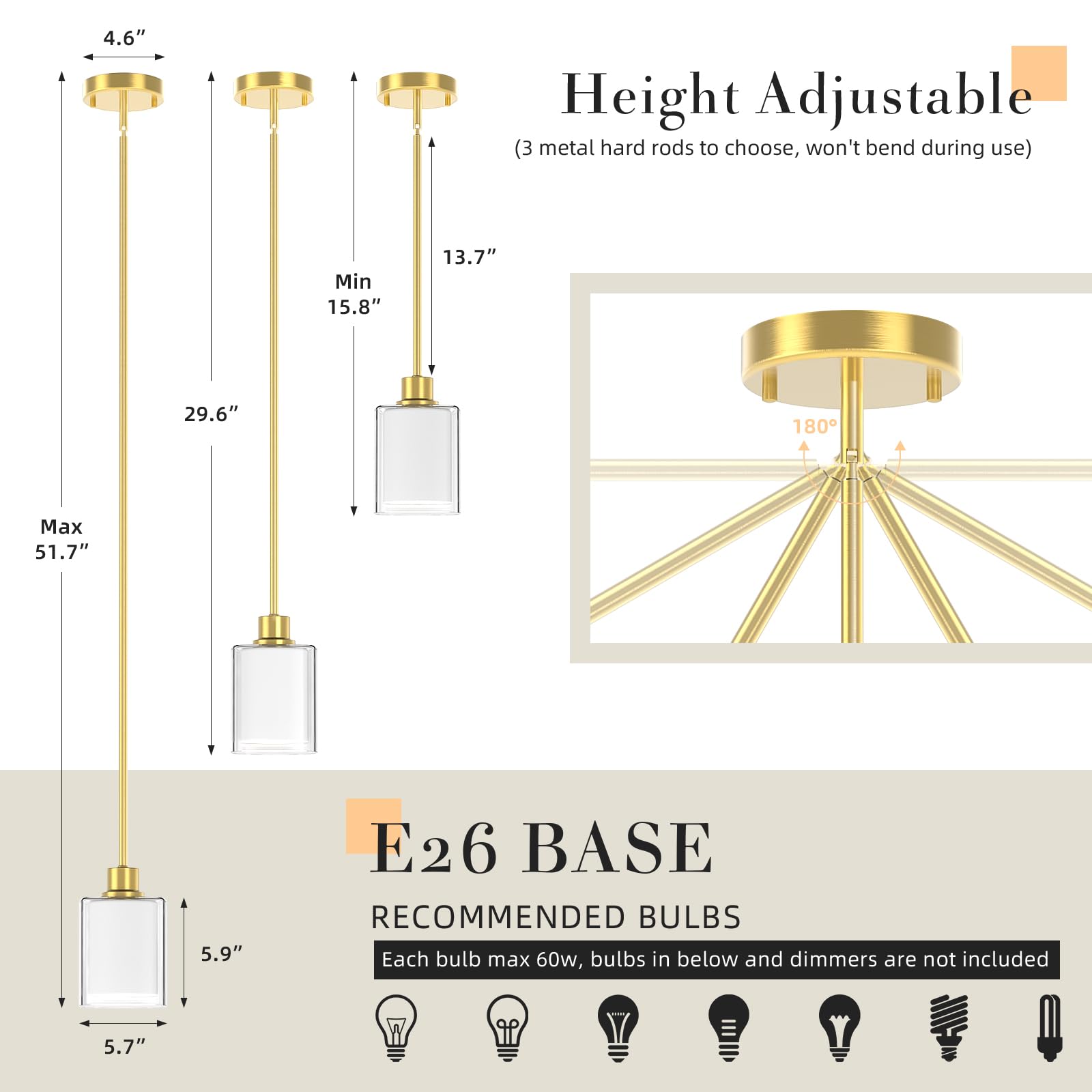 Lightbiz Pendant Light 2 Pack, Height Adjustable, Dual Glass, Brushed Gold, L400, Includes 3 Color Temperature Bulbs & Remote Control