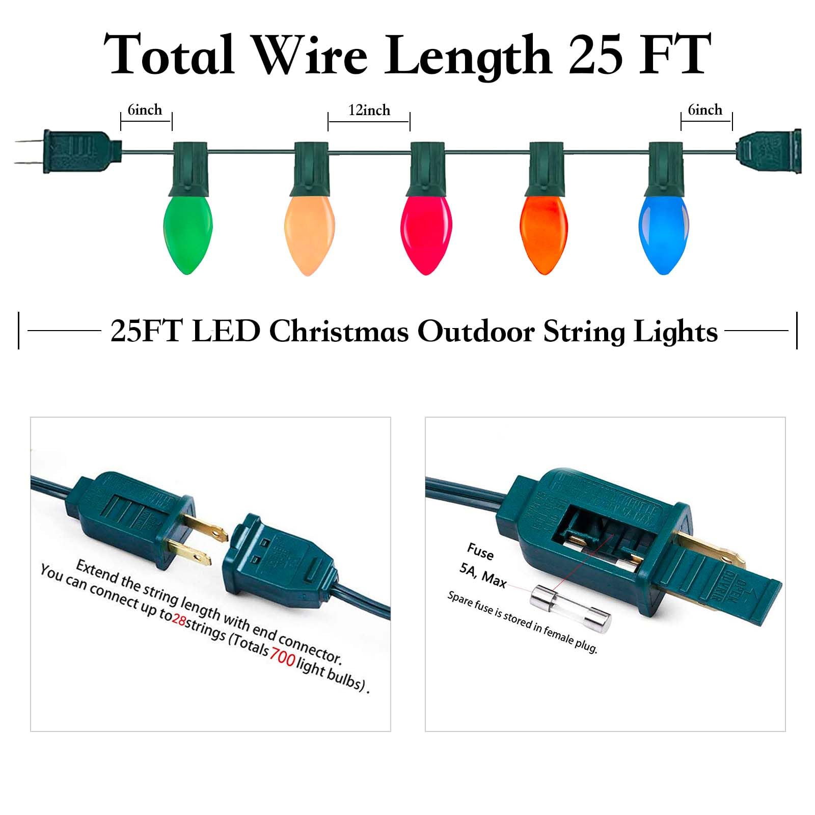QZFGYAN C7 LED Christmas String Lights, 25Ft, Multicolor, Waterproof Glass Bulbs, Model ULP(7)-LR(25)(0.6W)