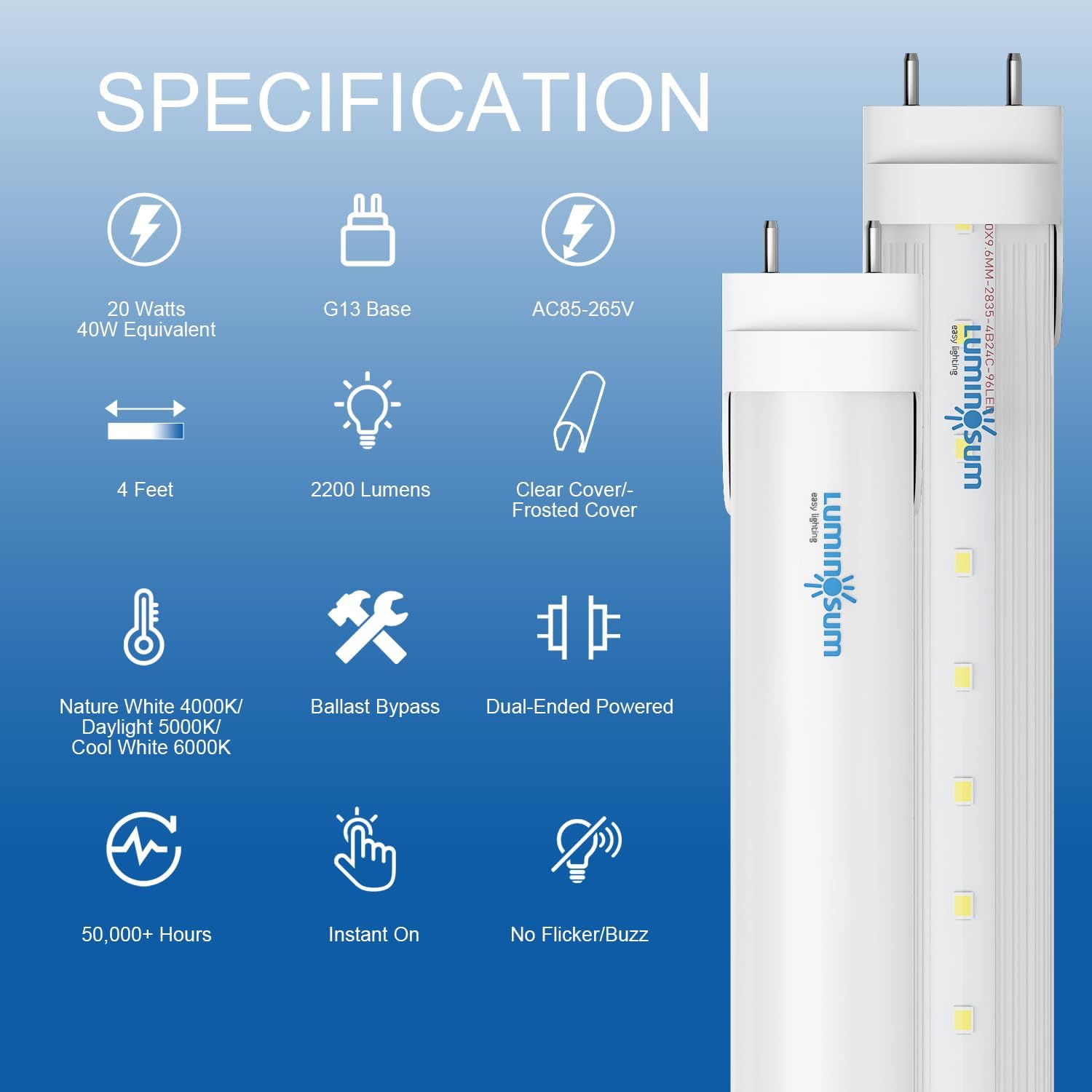Luminosum T8/T10/T12 4 Foot Led Light Tube 20W 48 Inch, 40W Equivalent, Natural White 4000K, Clear Cover, Dual-End Powered, Ball