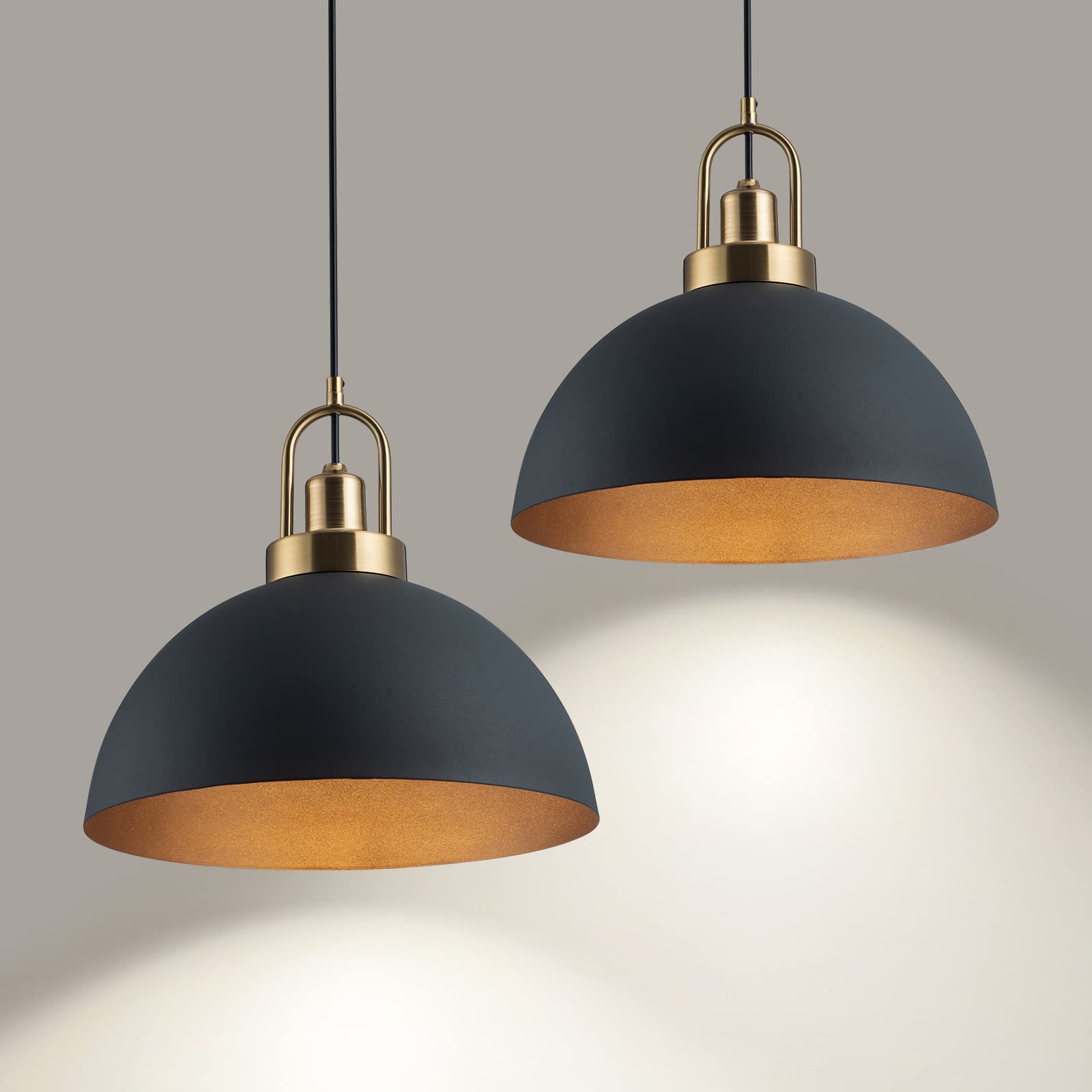 YHANFENGCY 2 Vintage Industrial Pendant Light 13.58 ''Dome Black and Gold Chandelier Lighting Brass Socket Chandelier line Lengt