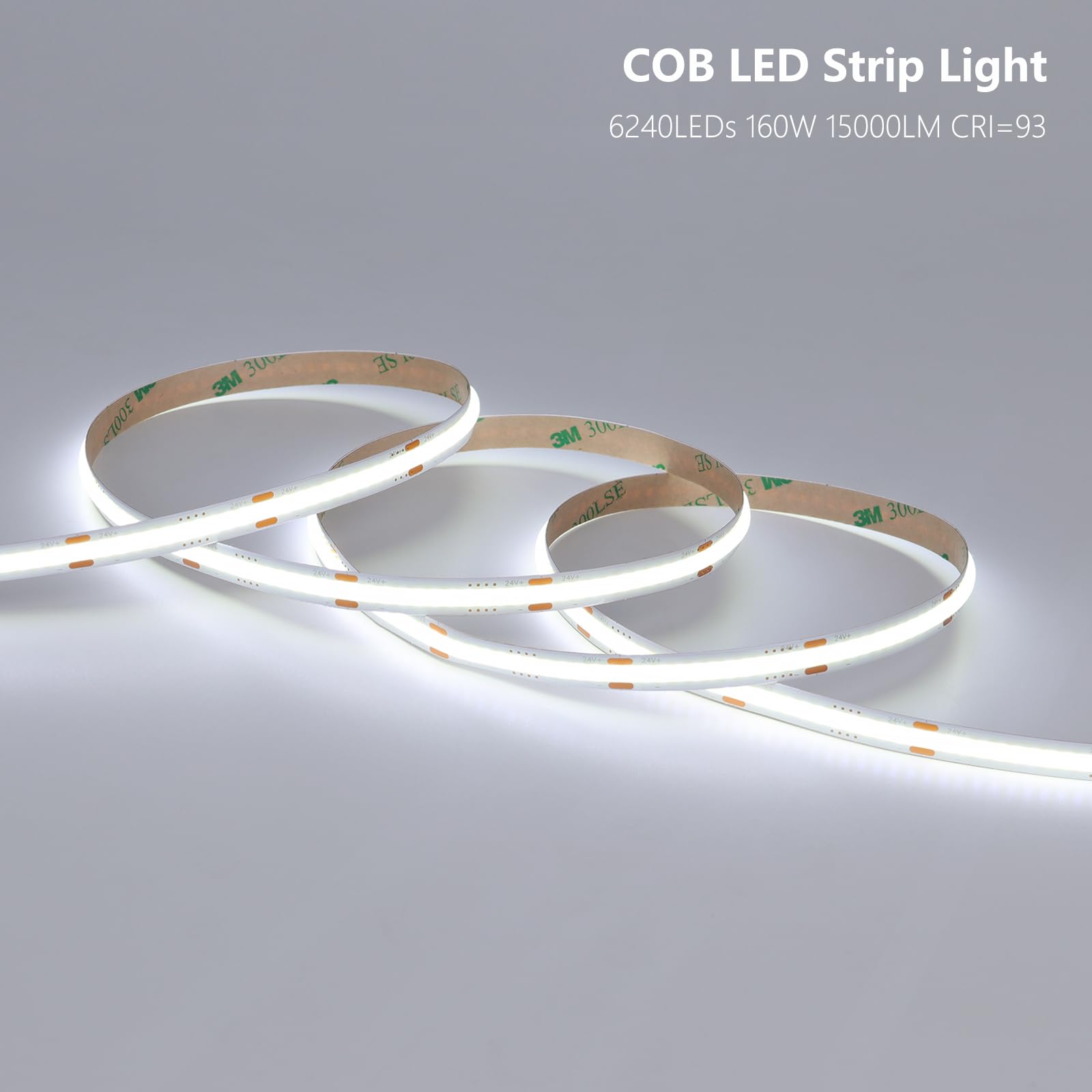 Benlun 24V Cob Led Strip Light 65.6Ft (2 Rolls Of 32.8Ft) Kit, 6000K Cool White Cuttable 11W/M 312Leds/M Cri 93 Led Tape Lights With Power Supply For Bedroom Kitchen Living Room Ceiling