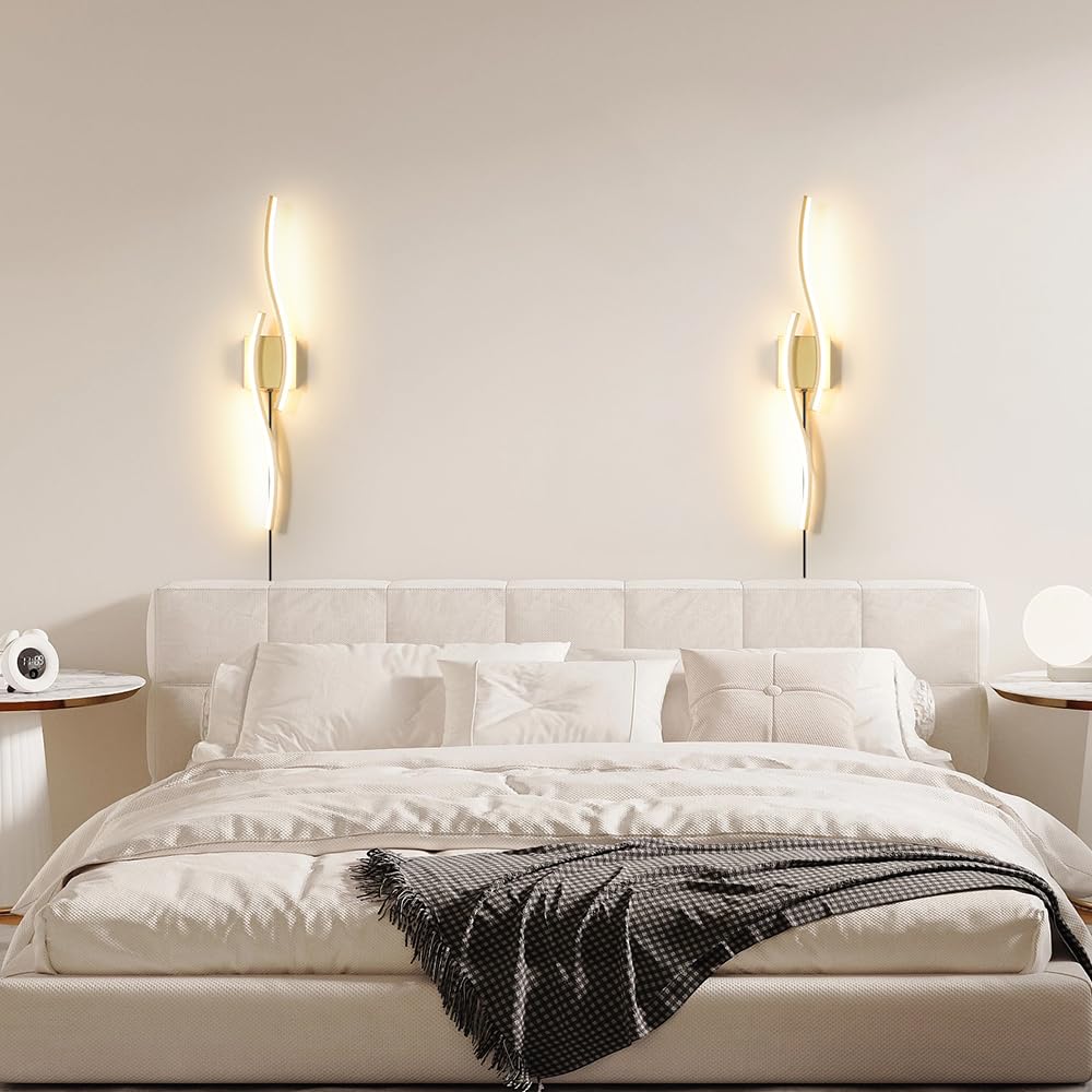 Daunton Modern Gold Plug-in Wall Sconce Set of 2, Dimmable LED Lighting, 27.5in, Metal, Remote Control for Living Room, Bedroom, Hallway