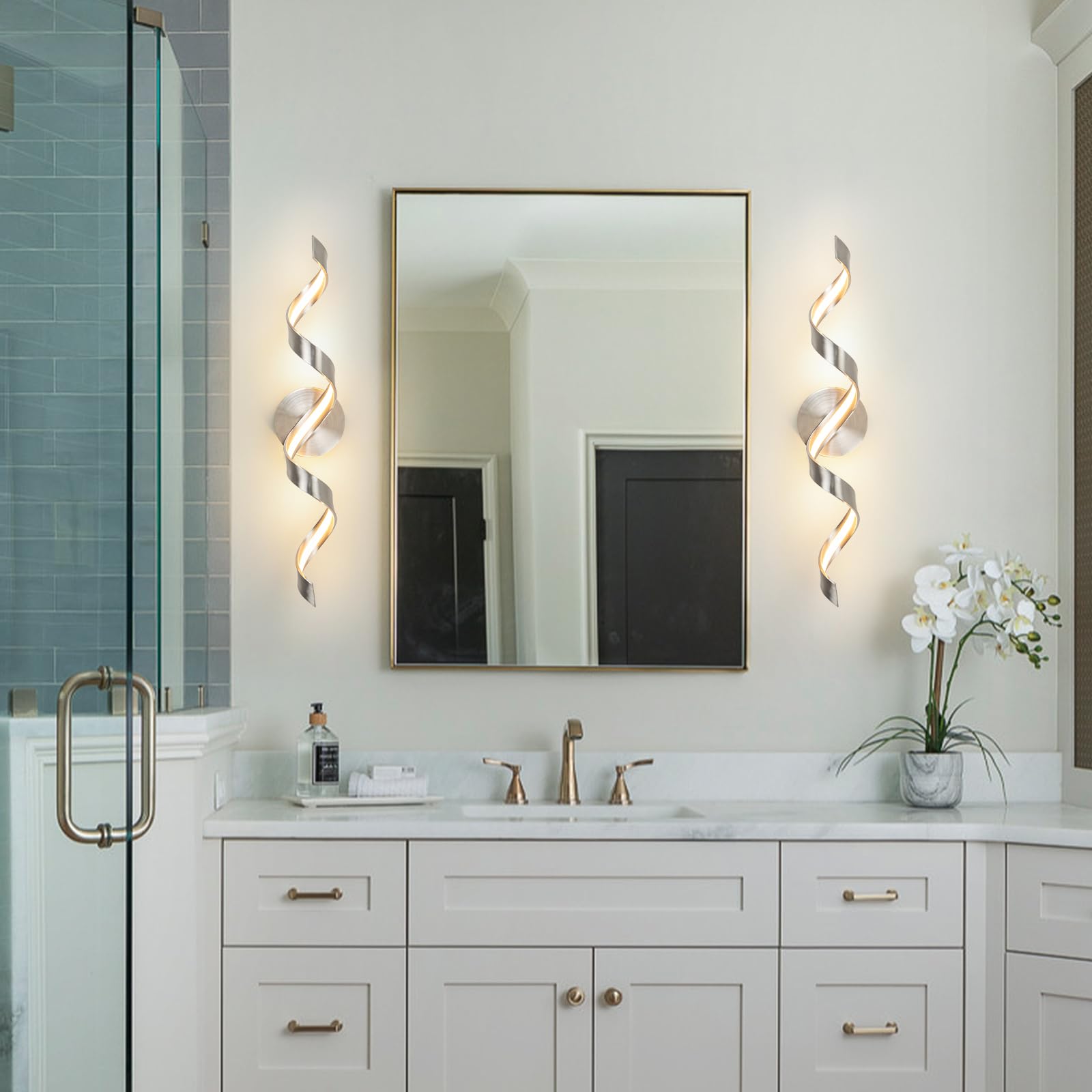 Huoku 24" Dimmable Modern Led Bathroom Vanity Light, Spiral Design, Brushed Nickel, 3000K