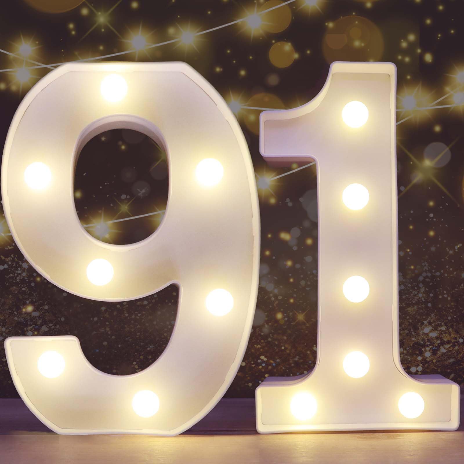 Pooqla Decorative Led Light Up Number Letters, White Plastic Marquee Number Lights Sign for 91th Birthday Party Wedding Decor Battery Operated Number (91)