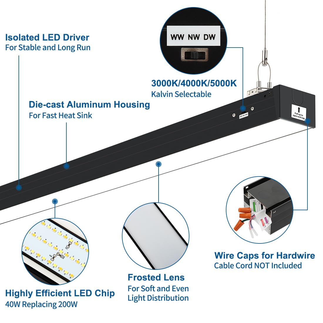 DAKASON 4FT Linkable LED Linear Light, 40W Dimmable Fixture, Black, Model LS-4B-50KFD, Perfect for Billiard Pool, Office &