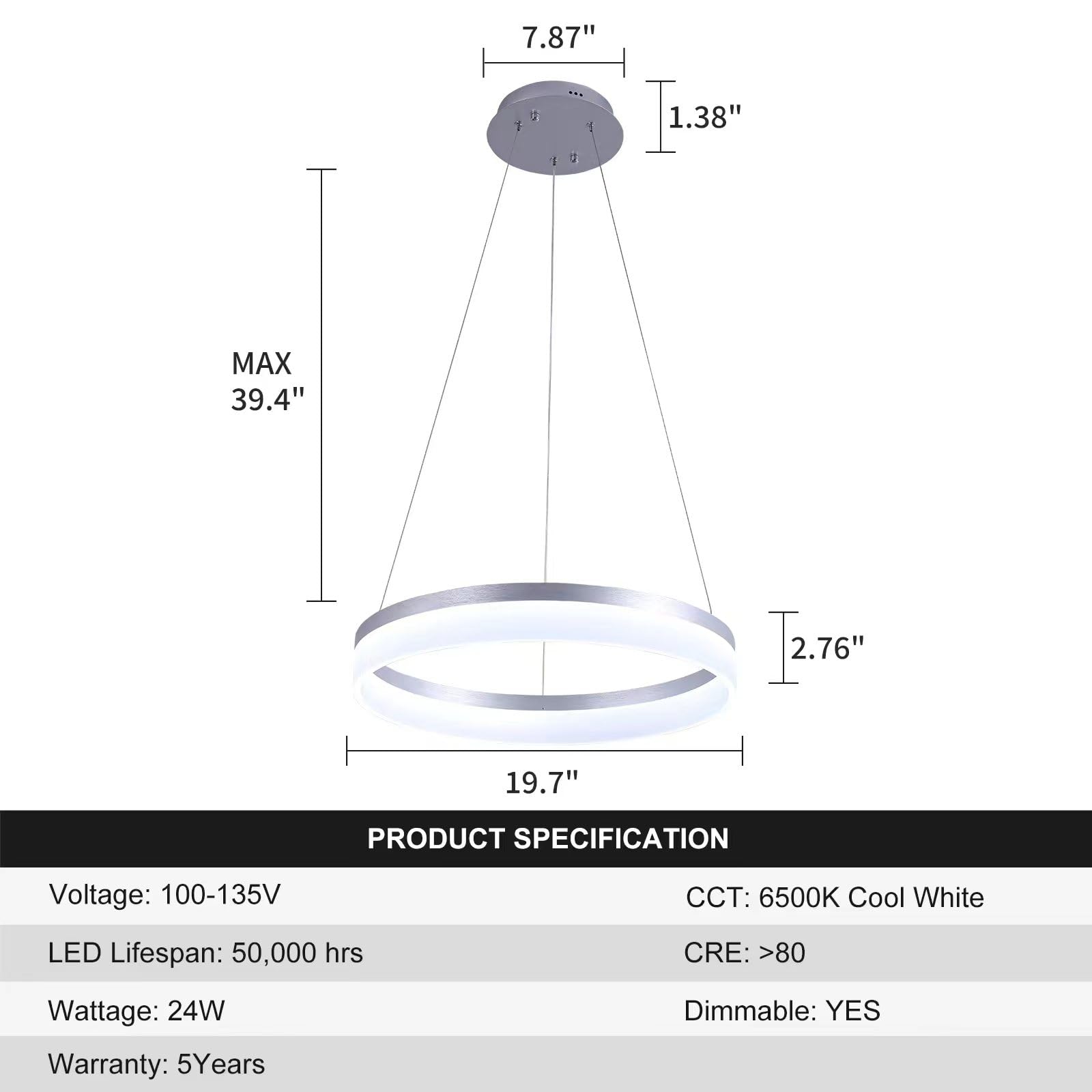 Buccleuch Modern LED Pendant Light - Dimmable Chandelier, 19.7" Silver Round, Adjustable Height for Dining Room and Kitchen Island