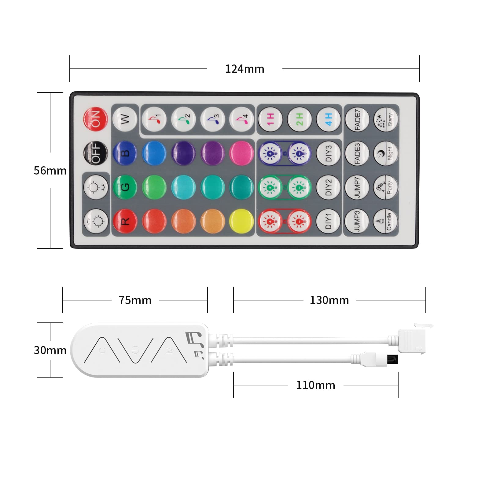PAUTIX RGB LED Strip Light Controller, 44-Key Remote & APP, Music Sync, 12V/24V, Metal, One Port, DIY & Timer Function
