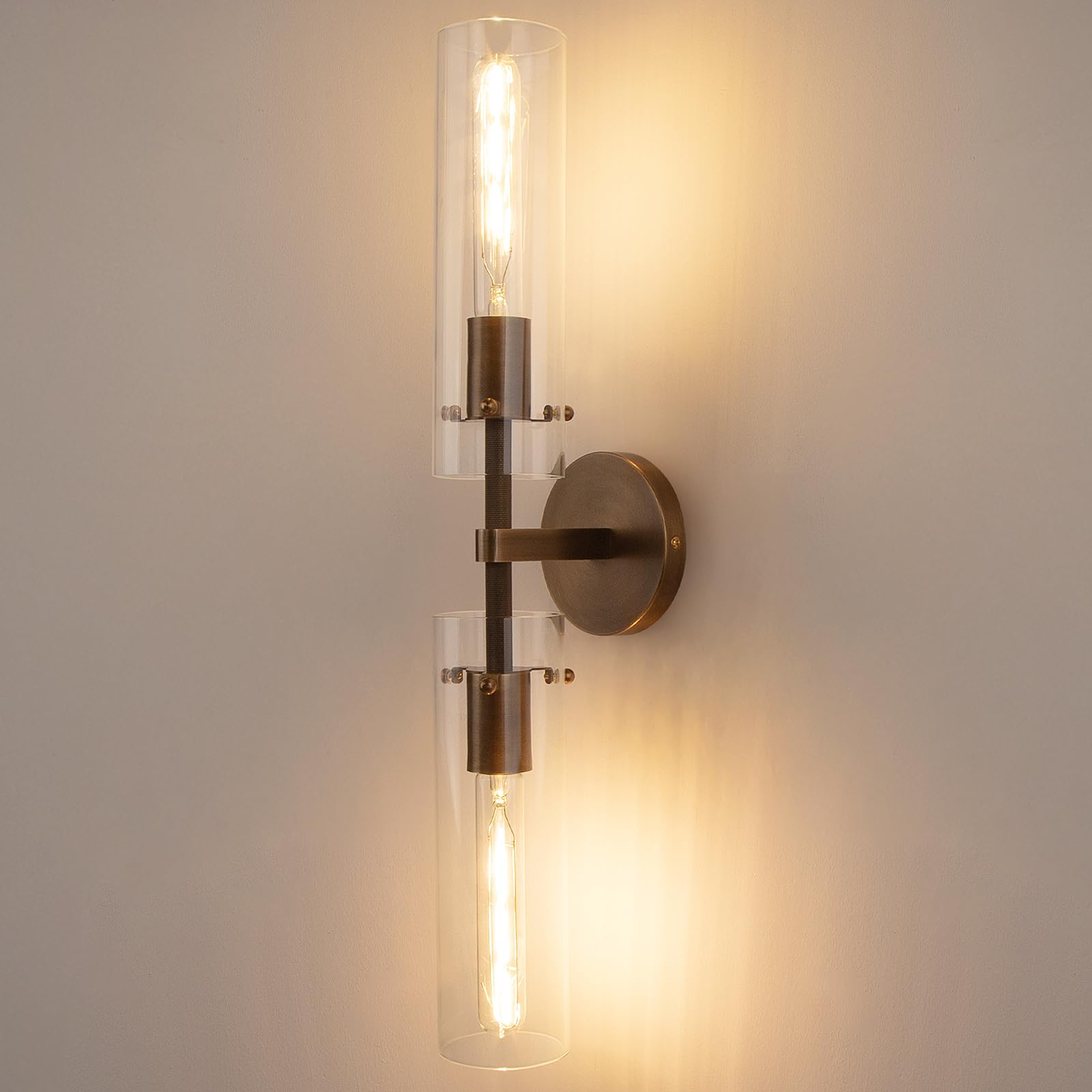 vookea Brass Bronze 2-Light Knurled Wall Sconce  Dual-Head Vanity Lamp with Clear Glass Tube  Bathroom Wall Sconces  Wall Lights for Living Room Bedroom Hallway Kitchen Bathroom Mirror