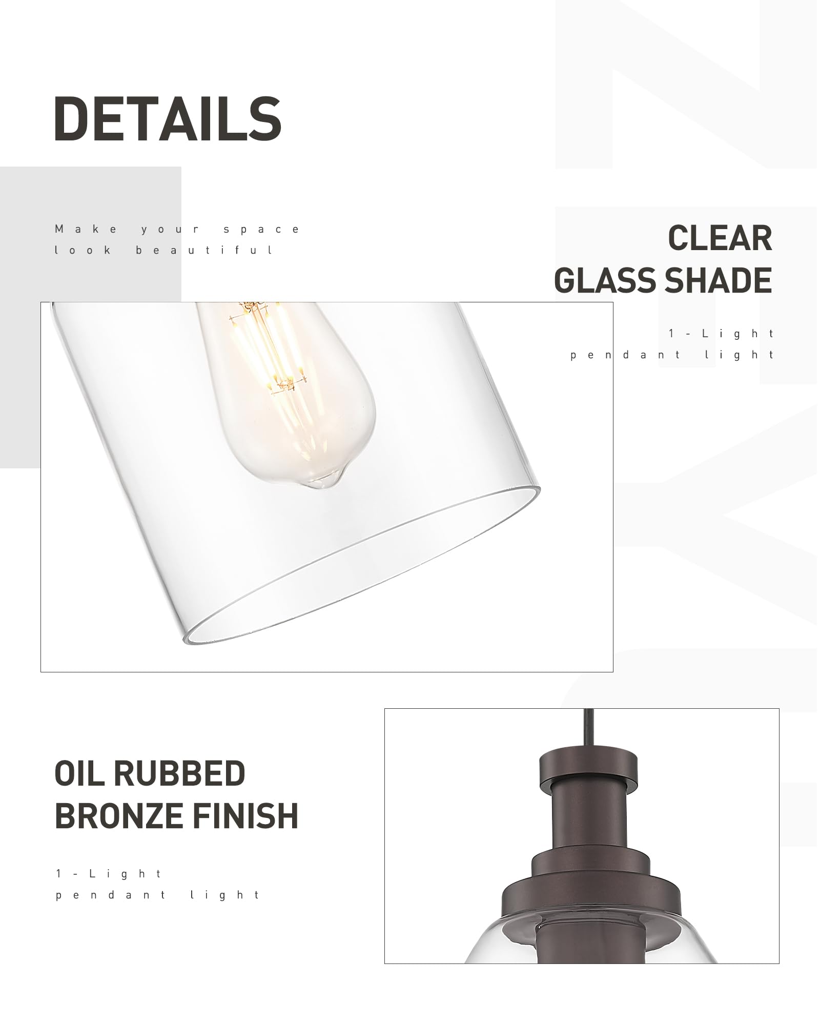 Zeyu 1-Light Pendant Light Fixtures For Kitchen Bedroom, Farmhouse Hanging Pendant Light, Clear Glass Shade, Oil Rubbed Bronze F