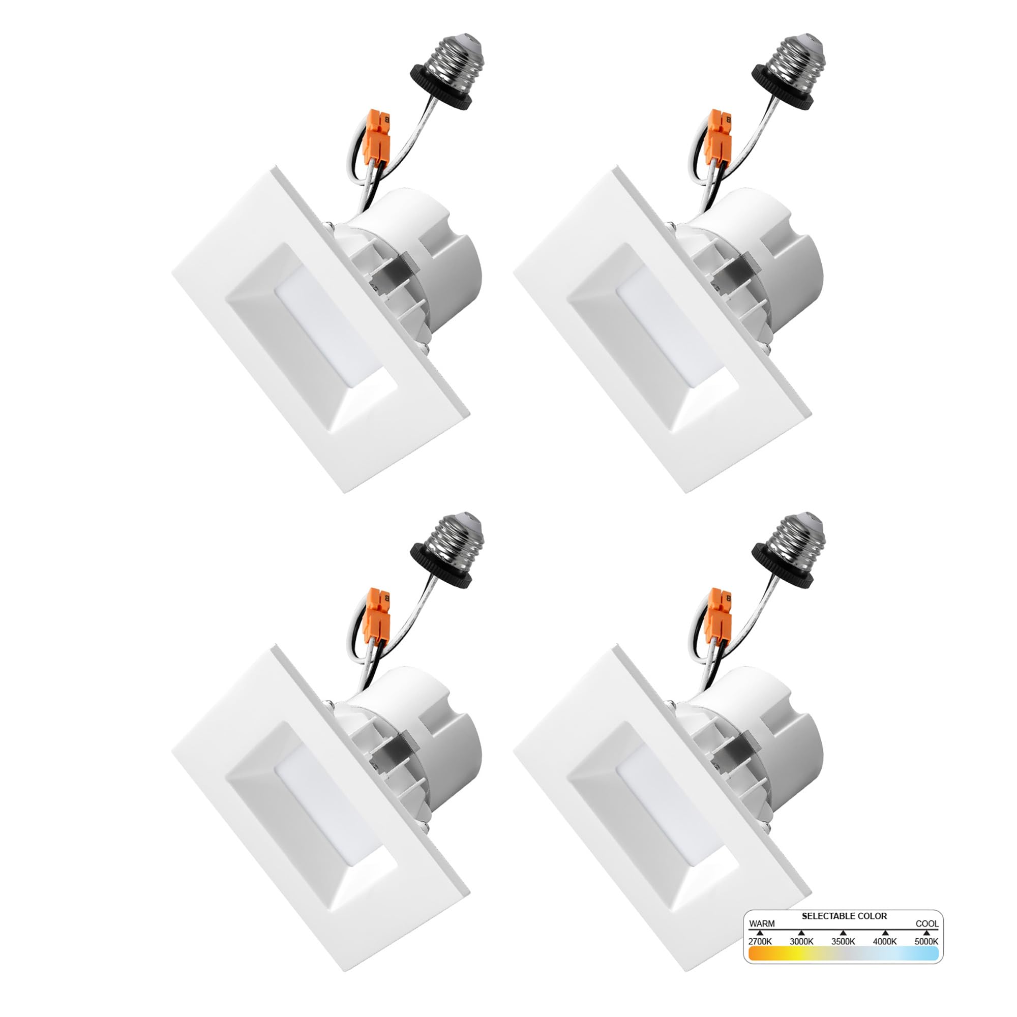 Nuwatt 4 Pack, 4 Inch Retrofit Led Square Recessed Lighting, 5Cct 2700K/3000K/3500K/4000K/5000K Selectable, 750 Lumens 11W, Dimmable Ceiling Light, White Square Trim Can Light, Wet Rated, Etl Listed