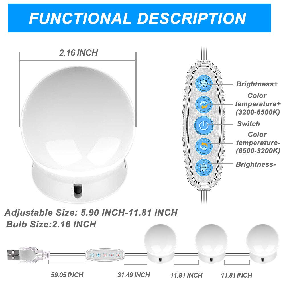 SICCOO 10 Dimmable LED Vanity Mirror Lights - Hollywood Style, White, USB Cable, Perfect for Makeup, Dressing Table, and Bathroom