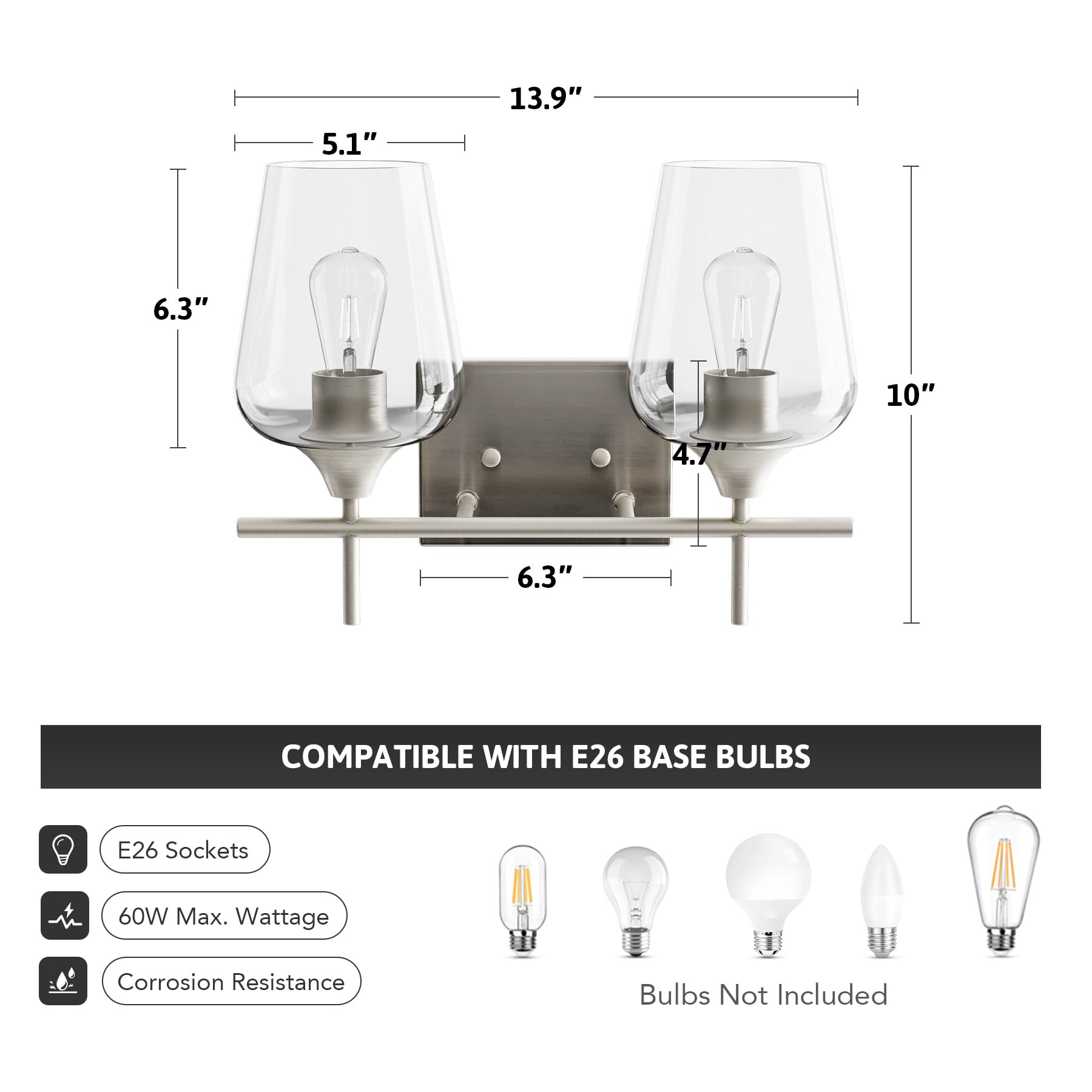VONLUCE Bathroom Vanity Light Fixture, 2-Light Brushed Nickel, Clear Glass, Model HCF2802NI