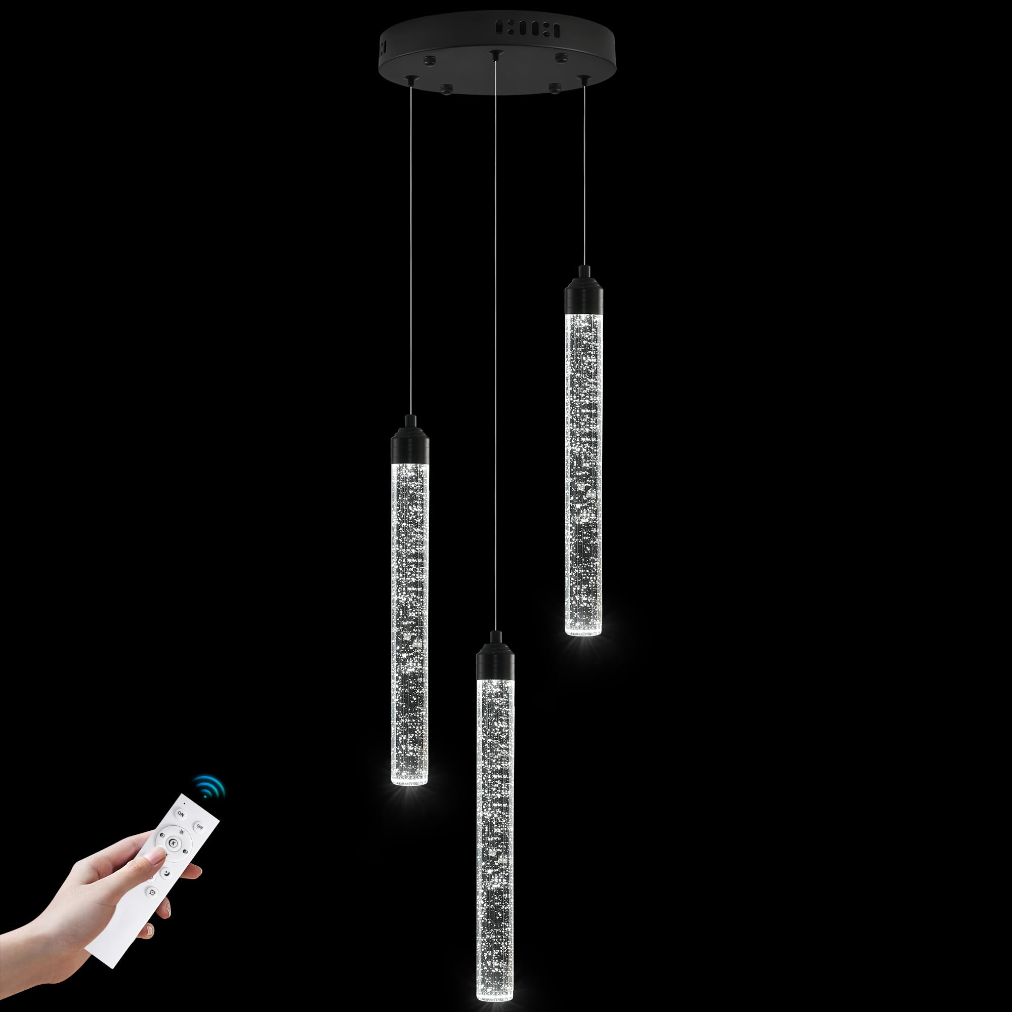 Ywuechwu 3-Light Modern Dimmable Led Crystal Chandelier - Black Mini Pendant Lighting With Spiral Raindrop/Bubble Cluster Pendant For Kitchen Island  Dining Room  Living Room  Foyer