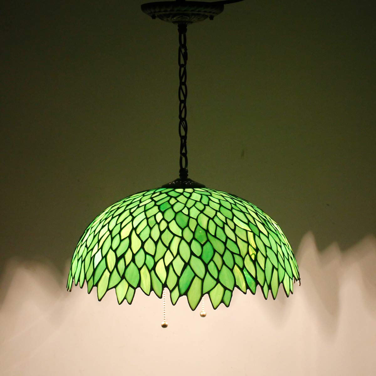 Werfactory Tiffany Pendant Light Fixture, 16 Wide, 40 Height, Green Wisteria Stained Glass, Large Hanging Lamp, S523 Series