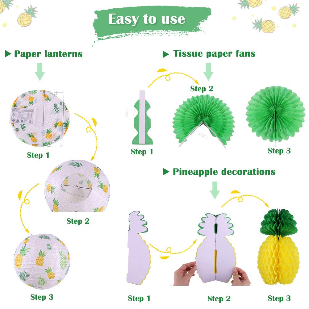 Zilue Pineapple Party Decorations Hanging Paper Lanterns Pineapple Honeycomb Tissue Paper Fans For Hawaiian Tropical Birthday Lu