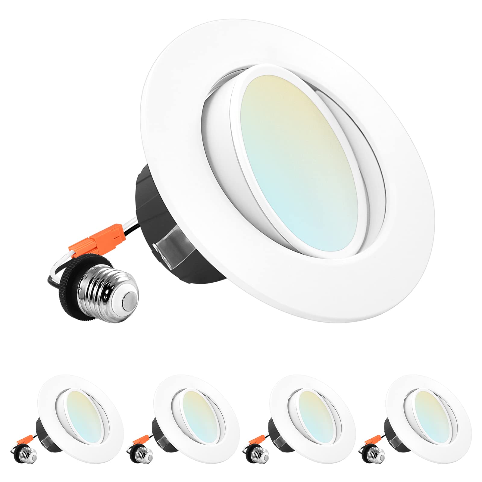 LUXRITE 4 Inch Gimbal LED Recessed Lighting Can Lights, 8W=60W, 5 Color Selectable 2700K-5000K, CRI 90, Dimmable Adjustable LED 