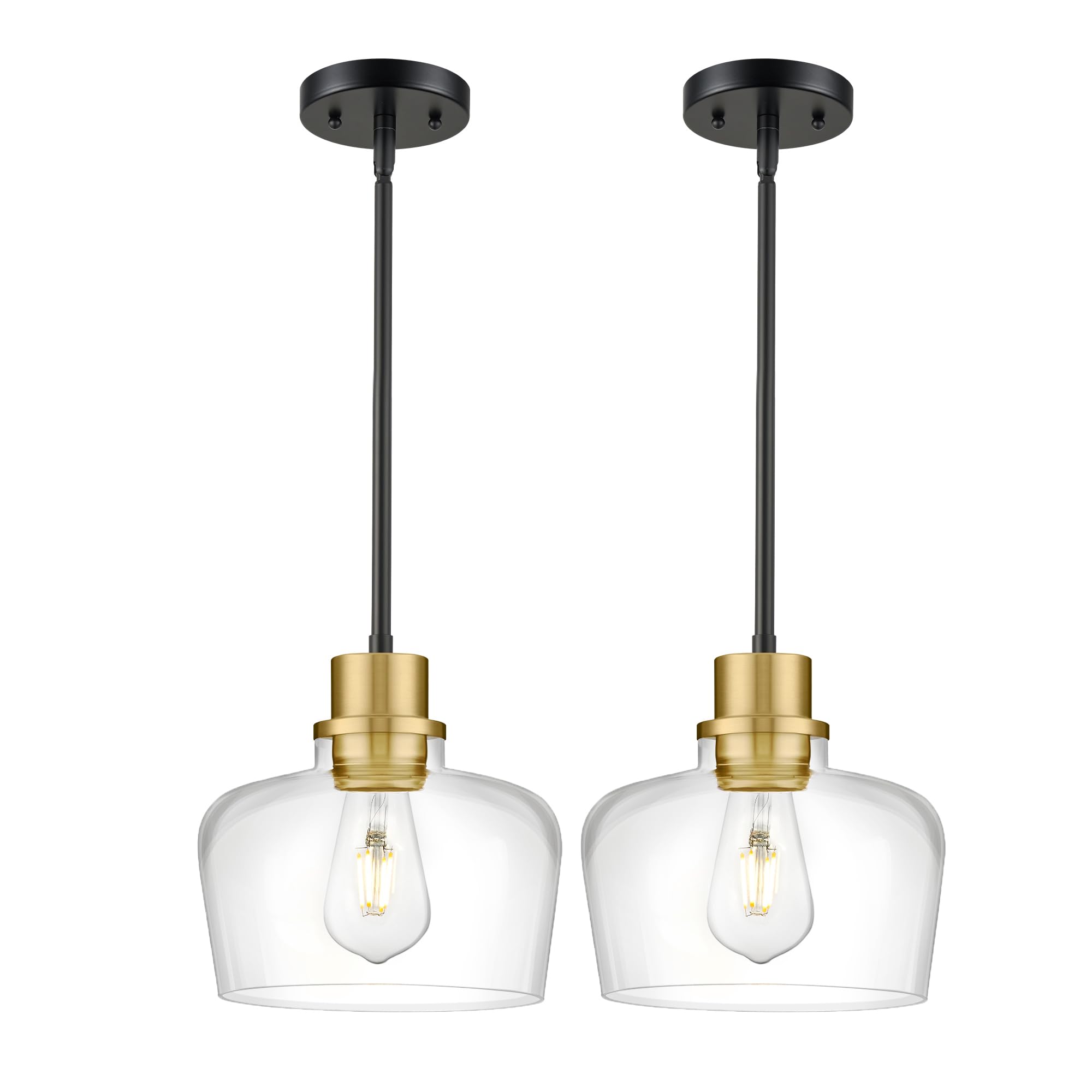 Emak 2 Pack Black Gold Pendant Lights Kitchen Island, Modern 8 Inch Clear Glass Pendant Light, Farmhouse Island Lights For Kitch