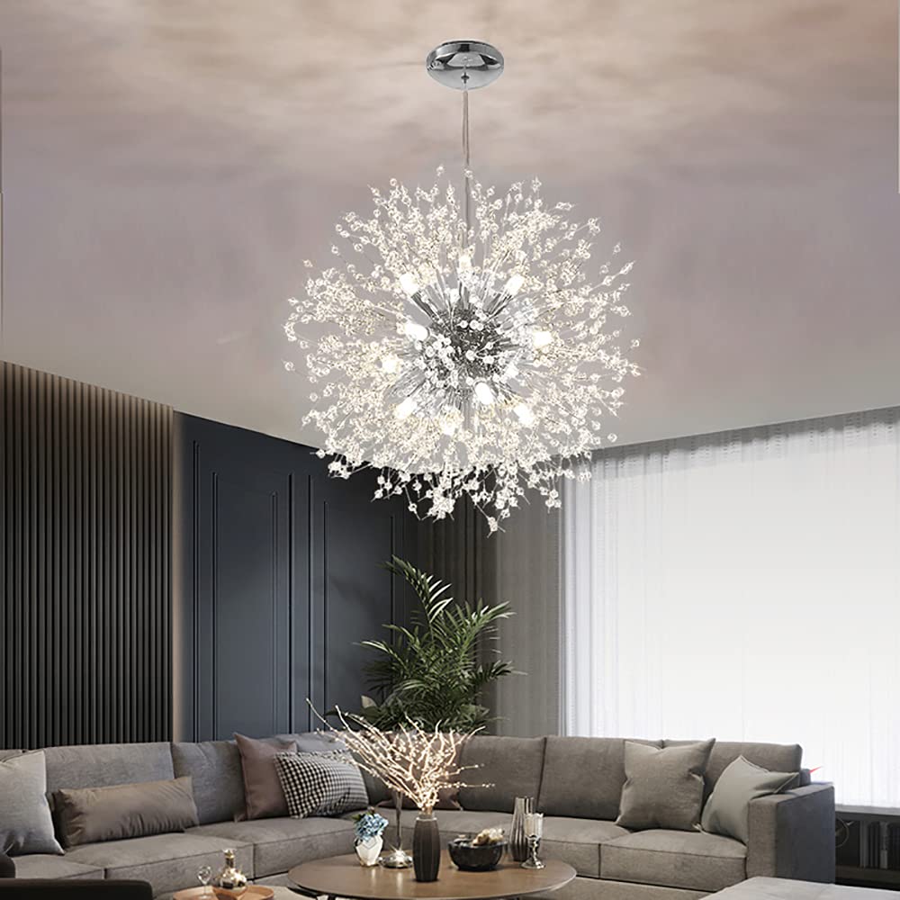 Mivenda Modern Crystal Chandeliers 12-Light Chrome Dandelion Light Fixture,Firework Chandelier,Personalized Ceiling Hanging Ligh