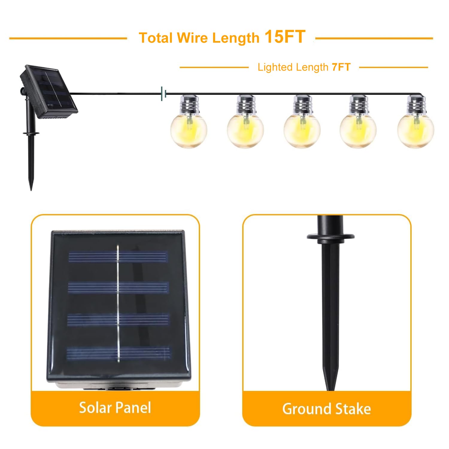 Afirst Solar Outdoor String Lights G40 15FT Waterproof LED Bulbs Silver