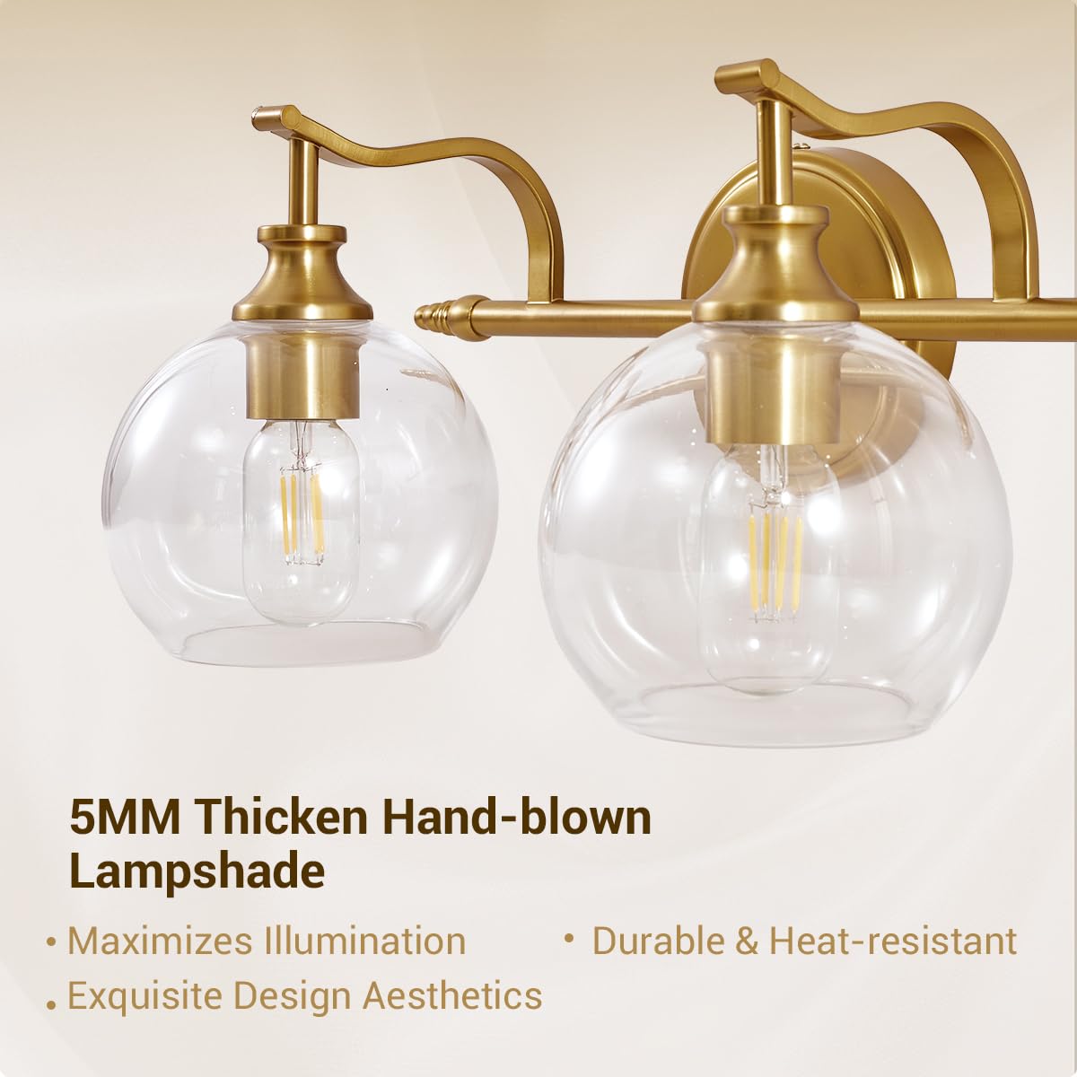 ANDY STAR Brass Vanity Light - 4-Light Gold Bathroom Fixture, Vintage Design with Globe Clear Glass Shade, E26 Base (Bulbs Not Included)