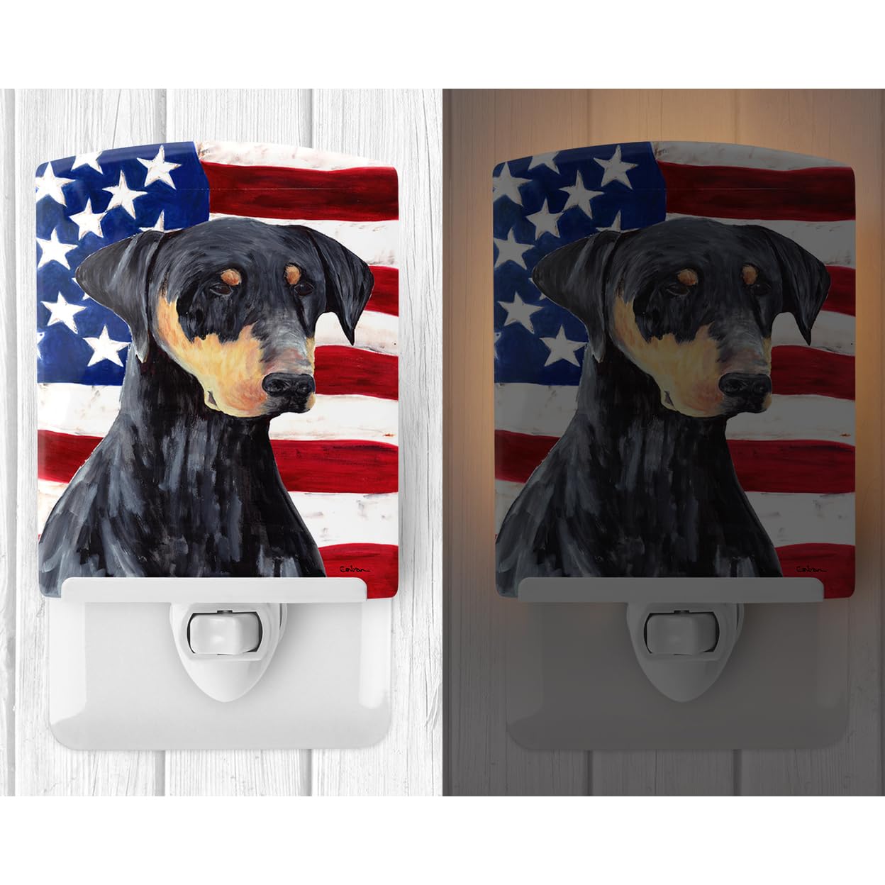 Carolines Treasures Ceramic Night Light, USA Flag with Doberman, UL-Certified, 6x4x3in, Multicolor, Model SC9030CNL